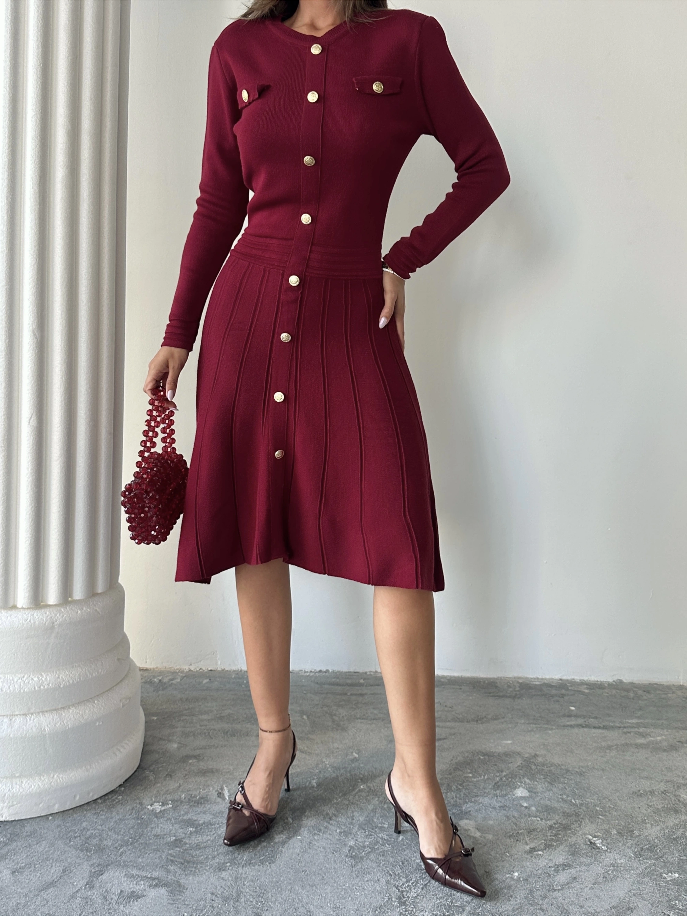 Kadın Bordo Şık Gold Düğme Detaylı Zarif Uzun Kol Triko Elbise