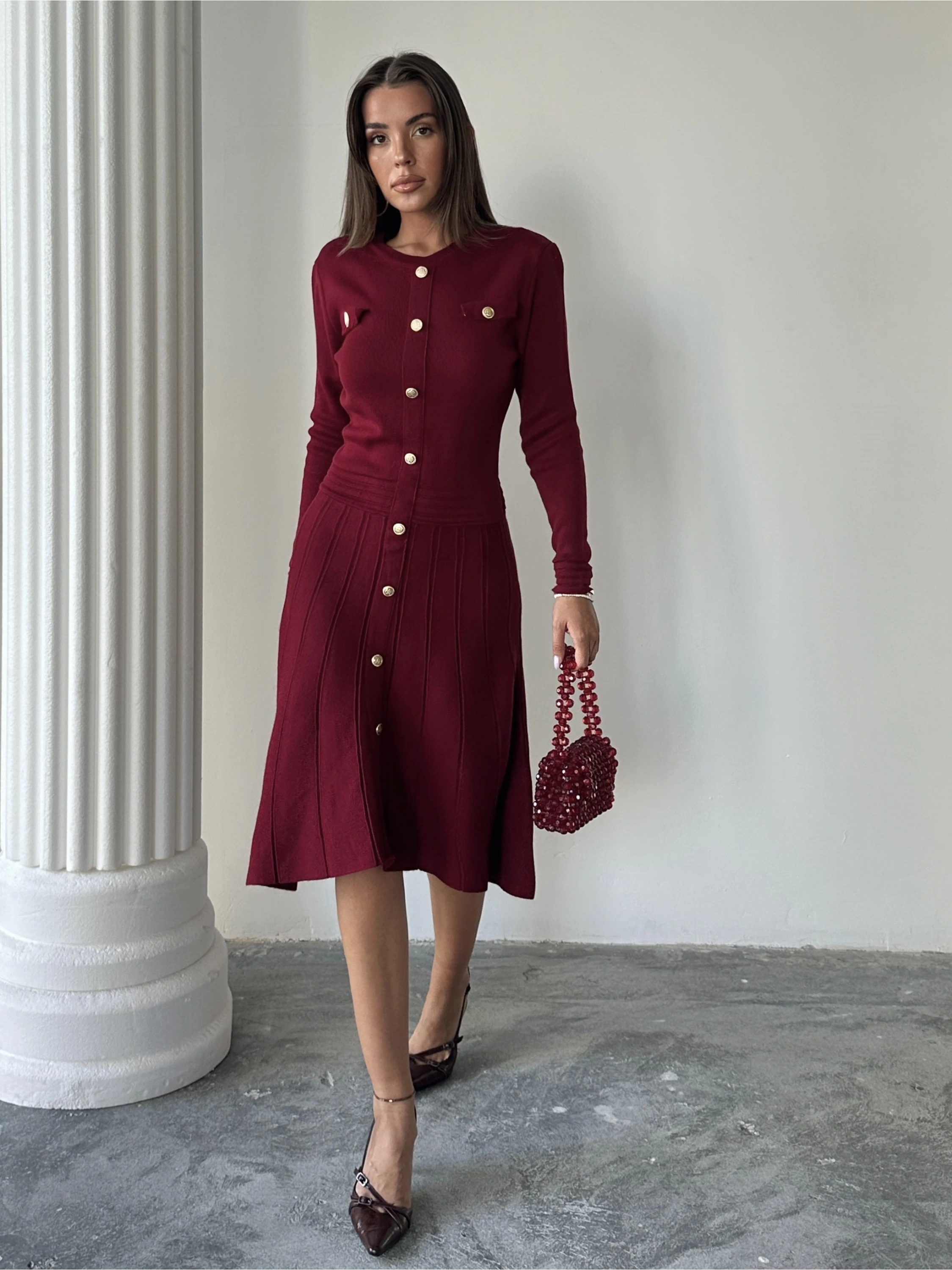 Kadın Bordo Şık Gold Düğme Detaylı Zarif Uzun Kol Triko Elbise