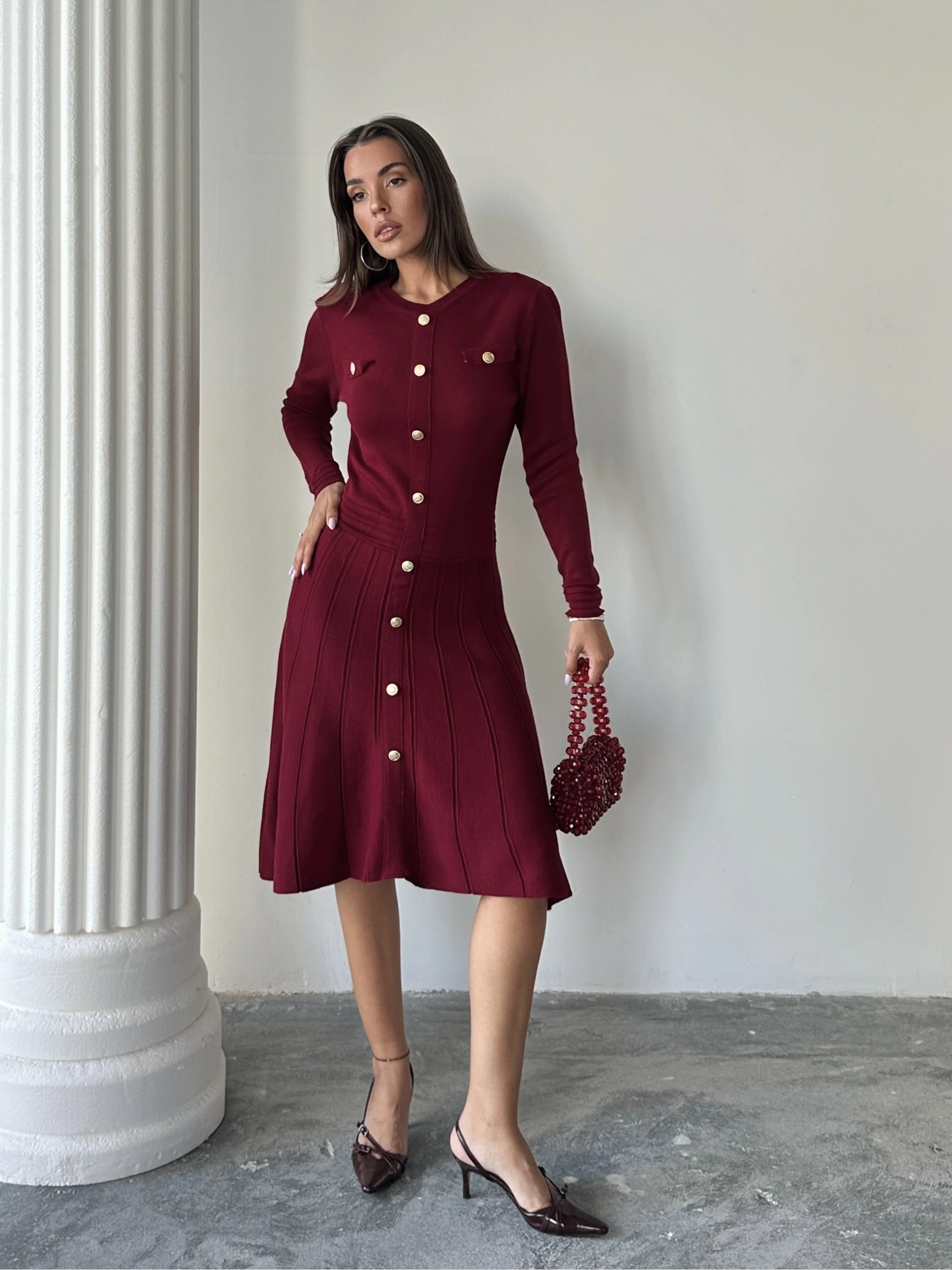 Kadın Bordo Şık Gold Düğme Detaylı Zarif Uzun Kol Triko Elbise