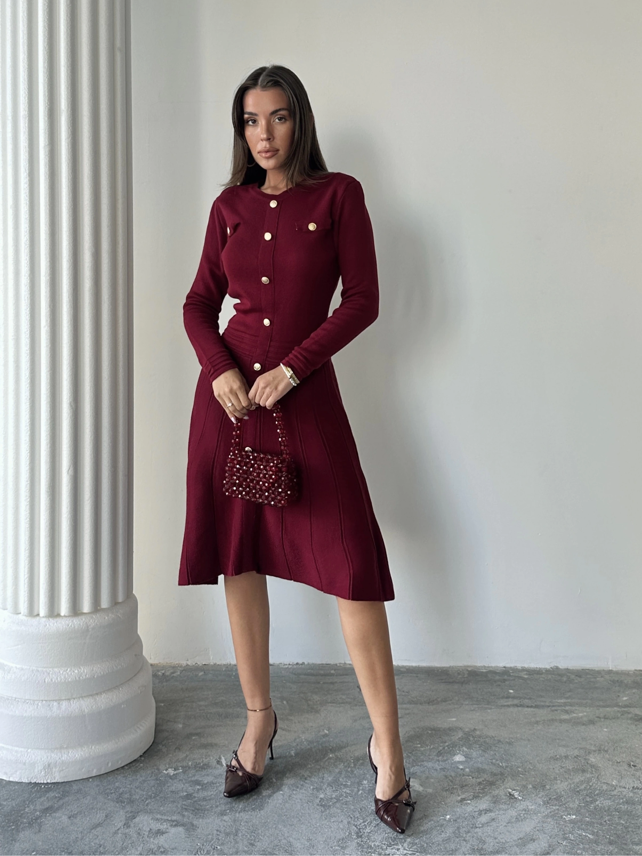 Kadın Bordo Şık Gold Düğme Detaylı Zarif Uzun Kol Triko Elbise