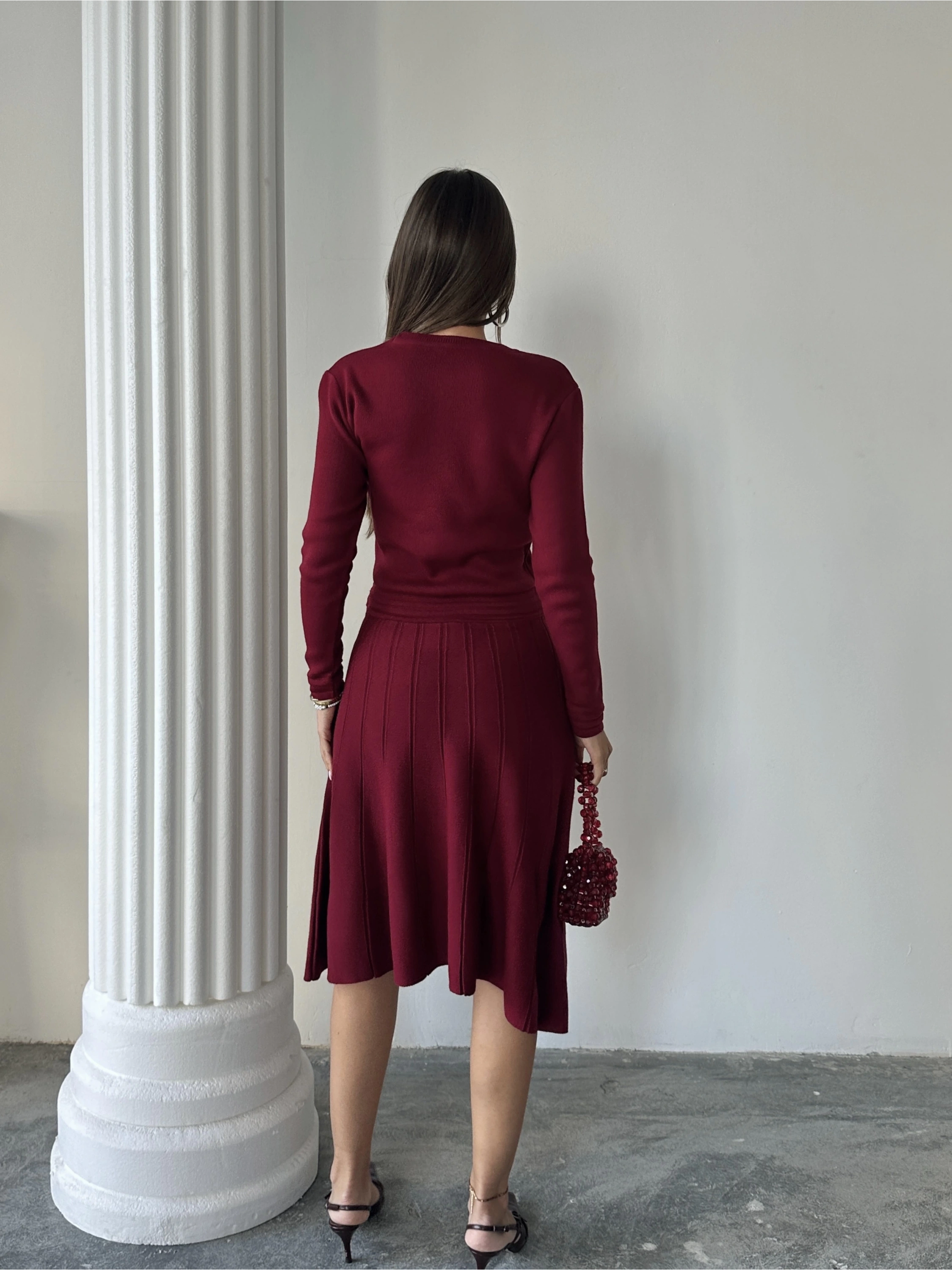 Kadın Bordo Şık Gold Düğme Detaylı Zarif Uzun Kol Triko Elbise