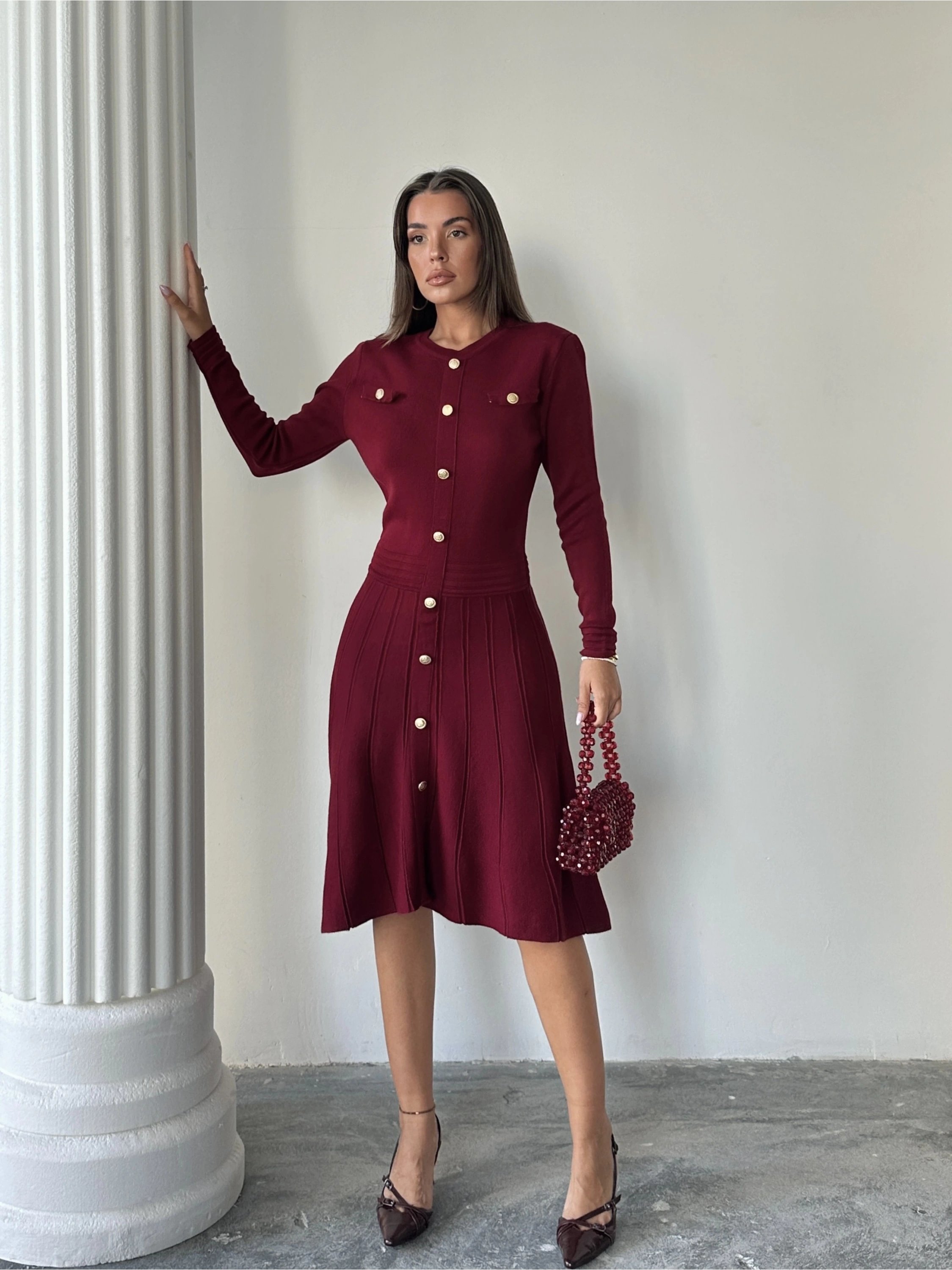 Kadın Bordo Şık Gold Düğme Detaylı Zarif Uzun Kol Triko Elbise