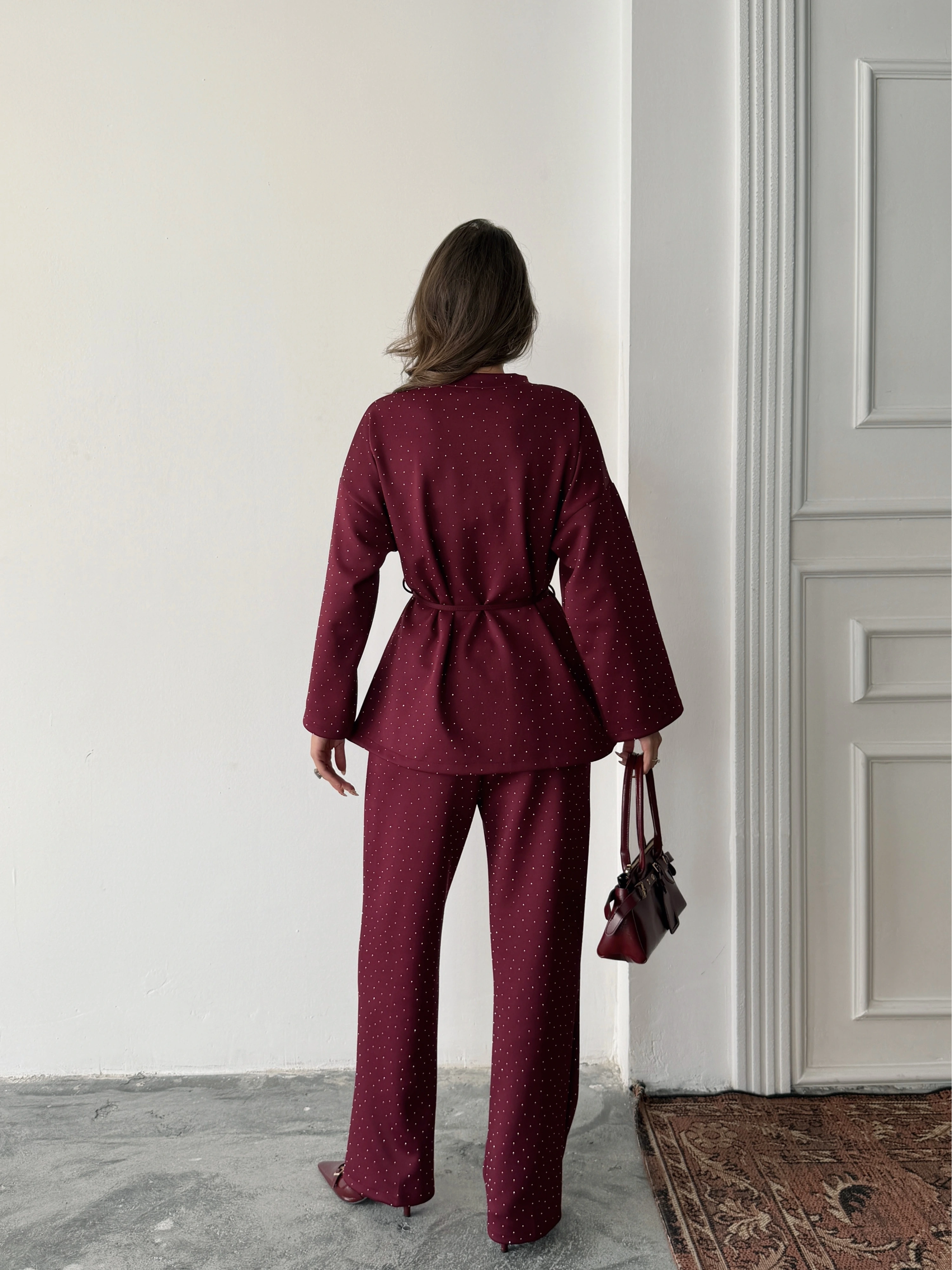 Kadın Bordo Taş İşlemeli Bel Bağlama Detaylı Bluz Pantolon Alt Üst İkili Takım