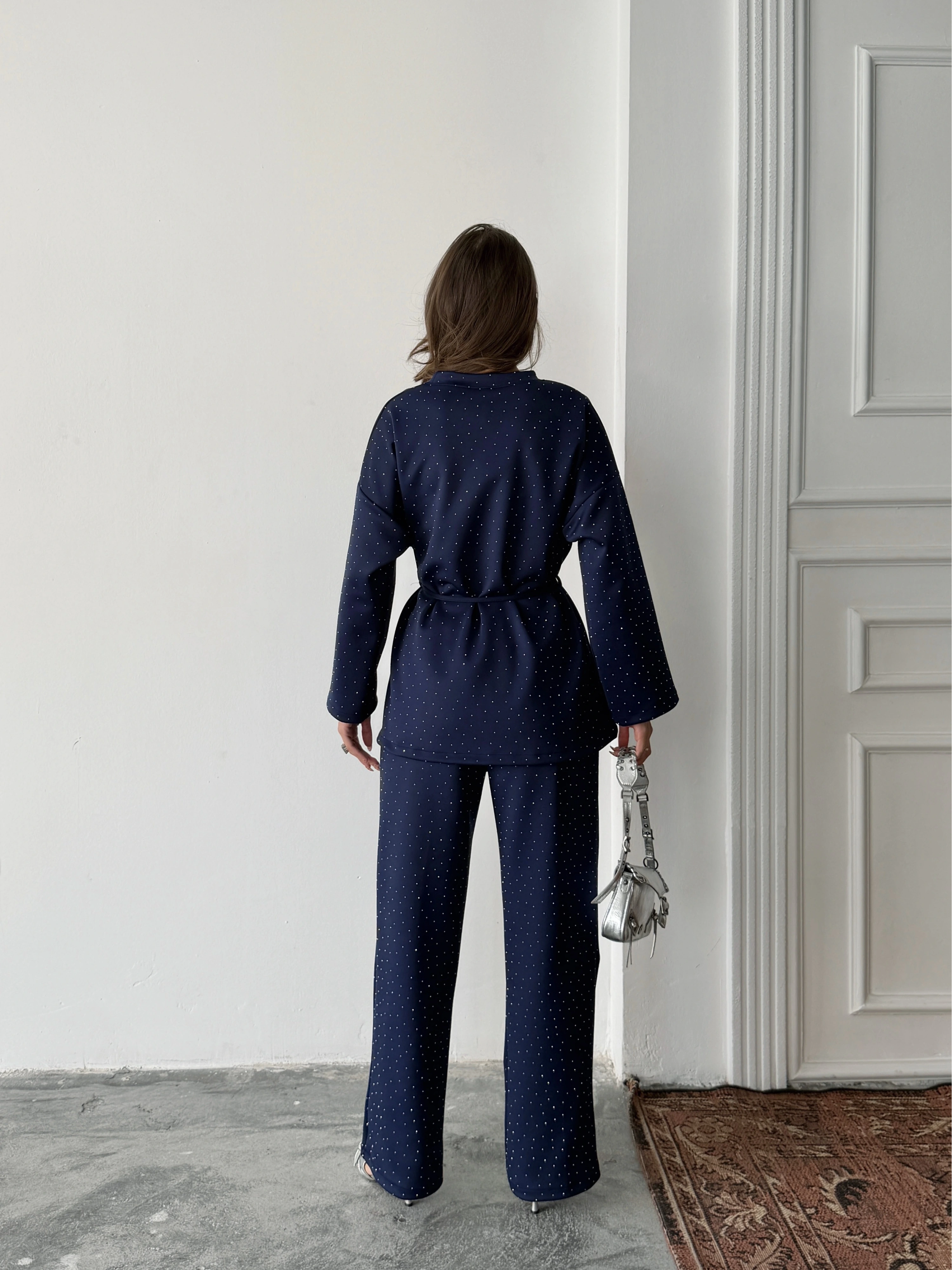 Kadın Lacivert Taş İşlemeli Bel Bağlama Detaylı Bluz Pantolon Alt Üst İkili Takım