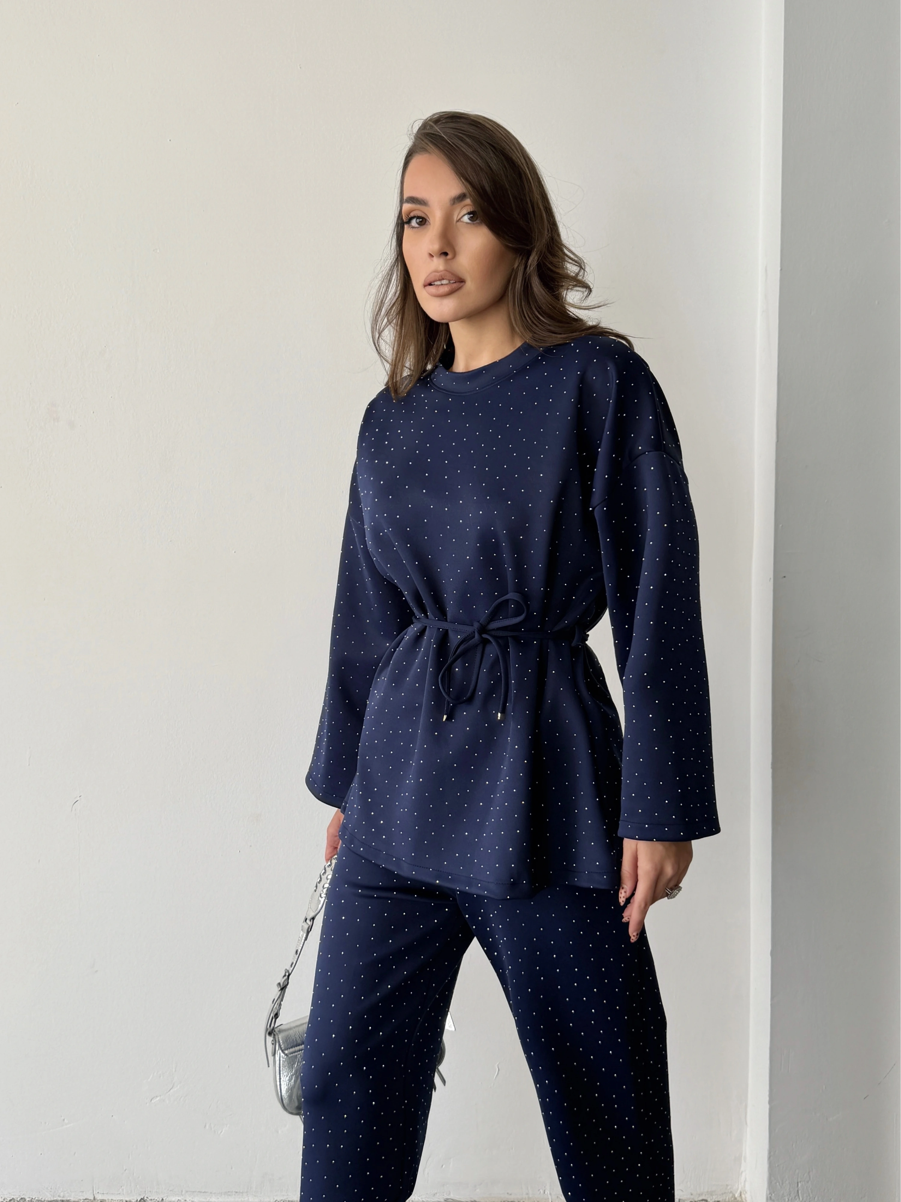 Kadın Lacivert Taş İşlemeli Bel Bağlama Detaylı Bluz Pantolon Alt Üst İkili Takım