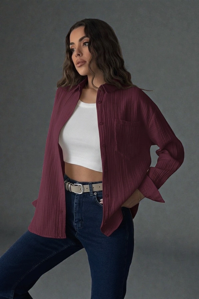 Kadın Cepli Mürdüm Müslin Kumaş Premium Uzun Kol Düz Renk Gömlek