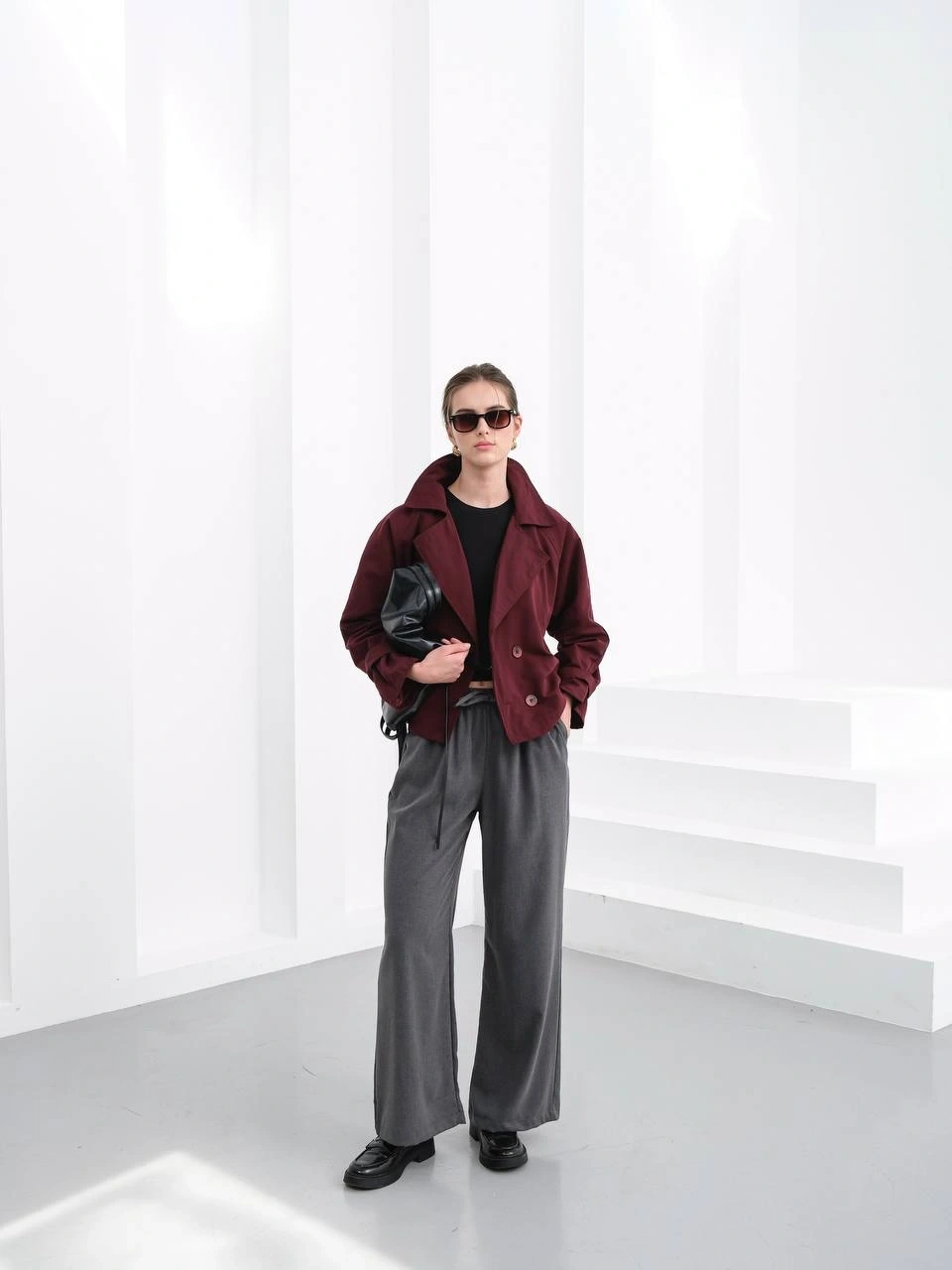 Kadın Çift Düğme detaylı Kruvaze Yaka Astarlı Kısa Premium Kalite Trençkot Ceket