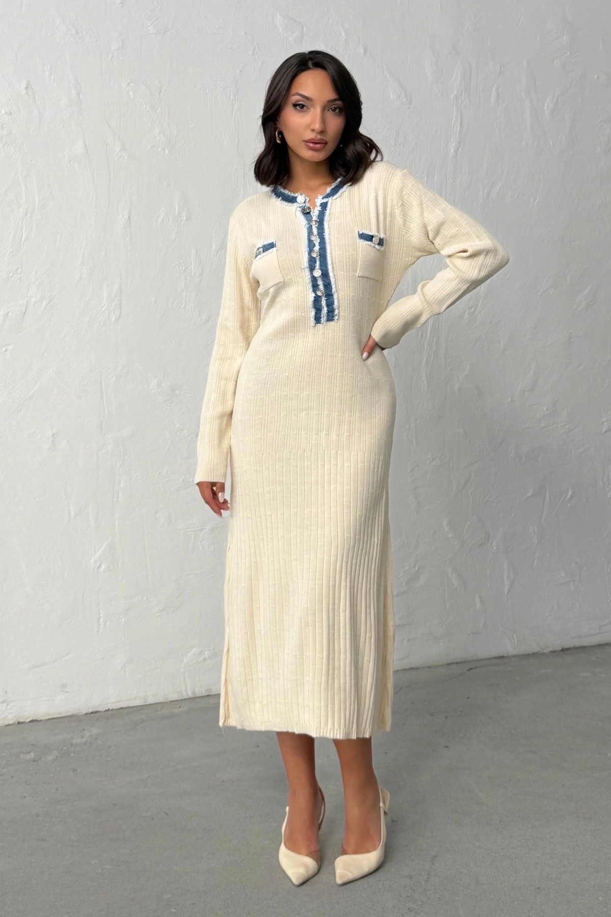 Kadın Ekru Düğmeli Jean Detaylı Triko Elbise