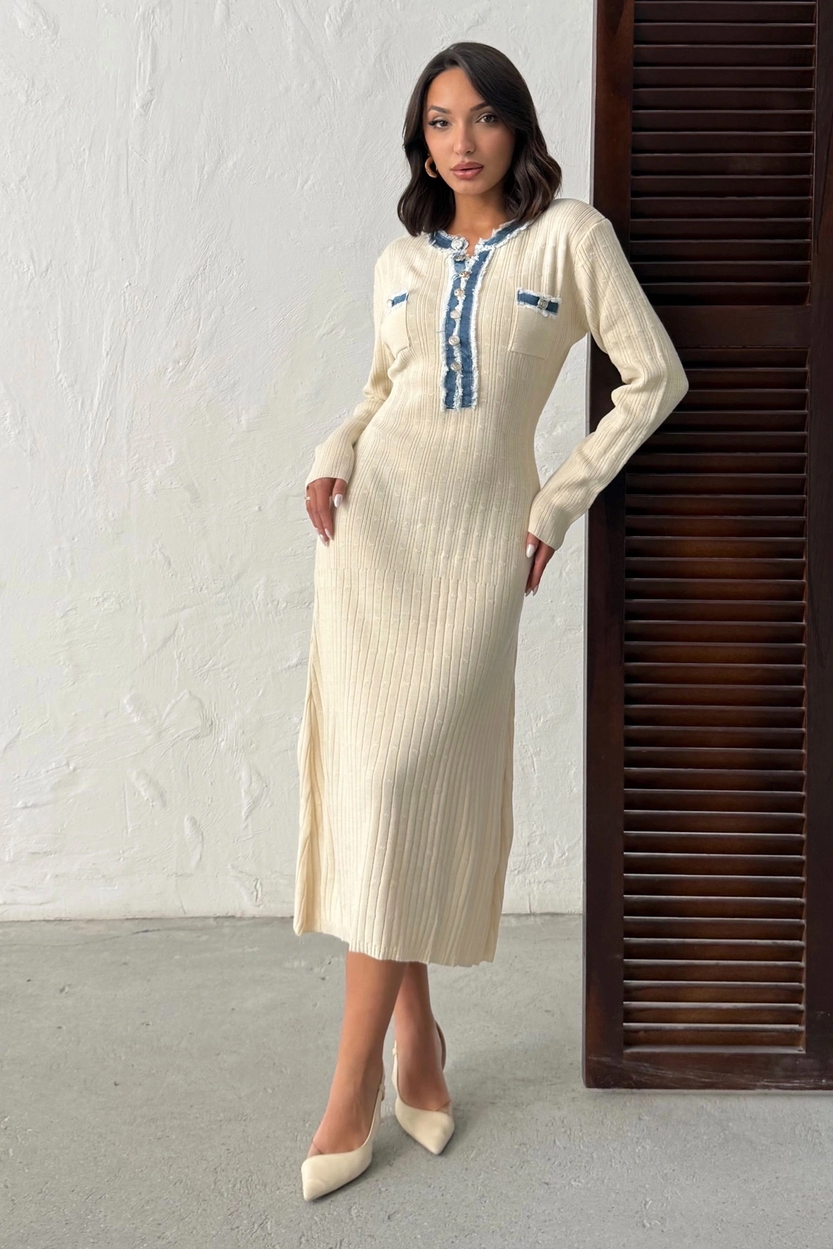 Kadın Ekru Düğmeli Jean Detaylı Triko Elbise