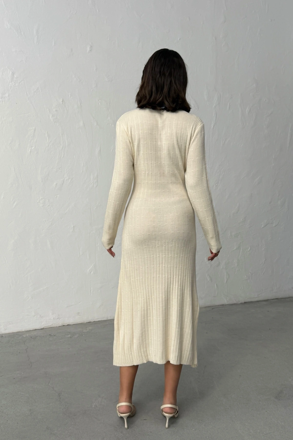 Kadın Ekru Düğmeli Jean Detaylı Triko Elbise