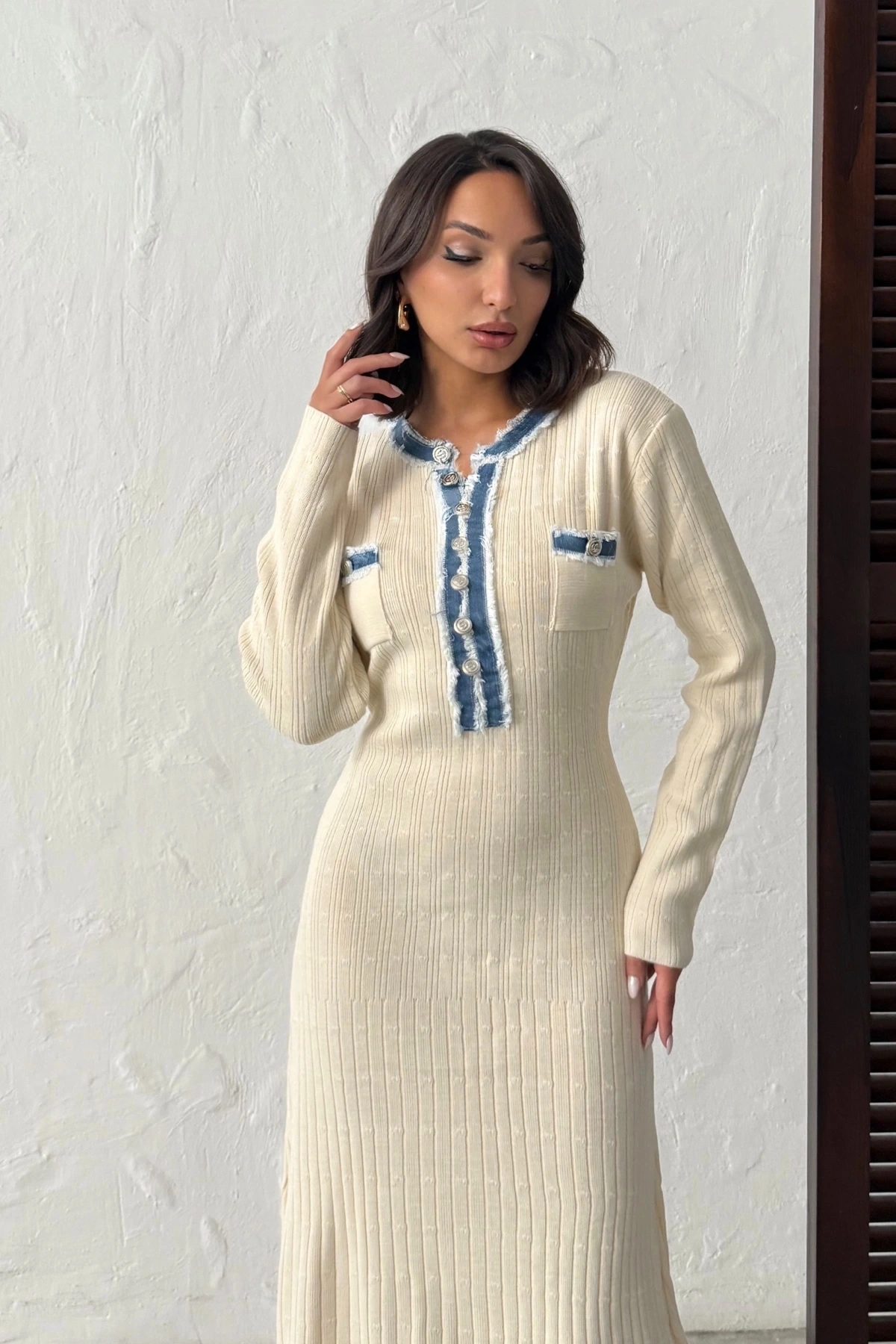 Kadın Ekru Düğmeli Jean Detaylı Triko Elbise
