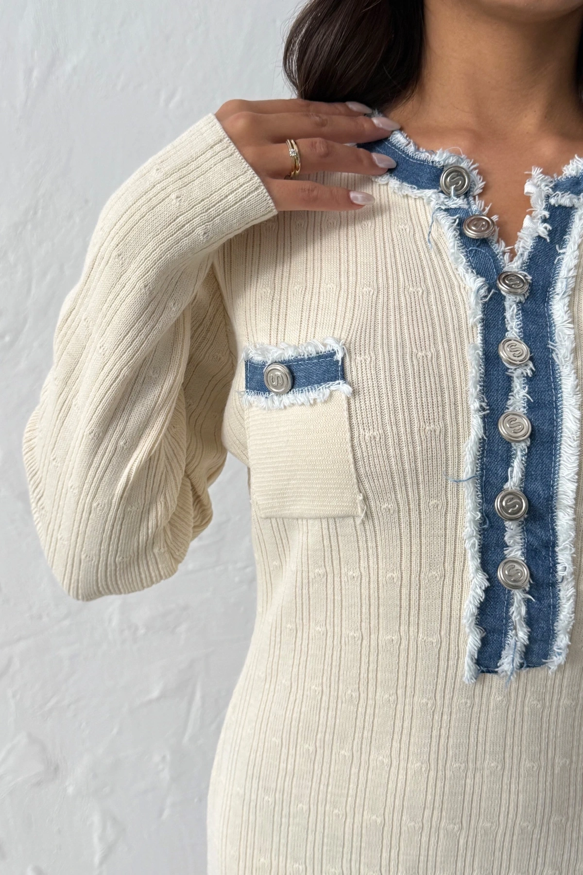 Kadın Ekru Düğmeli Jean Detaylı Triko Elbise