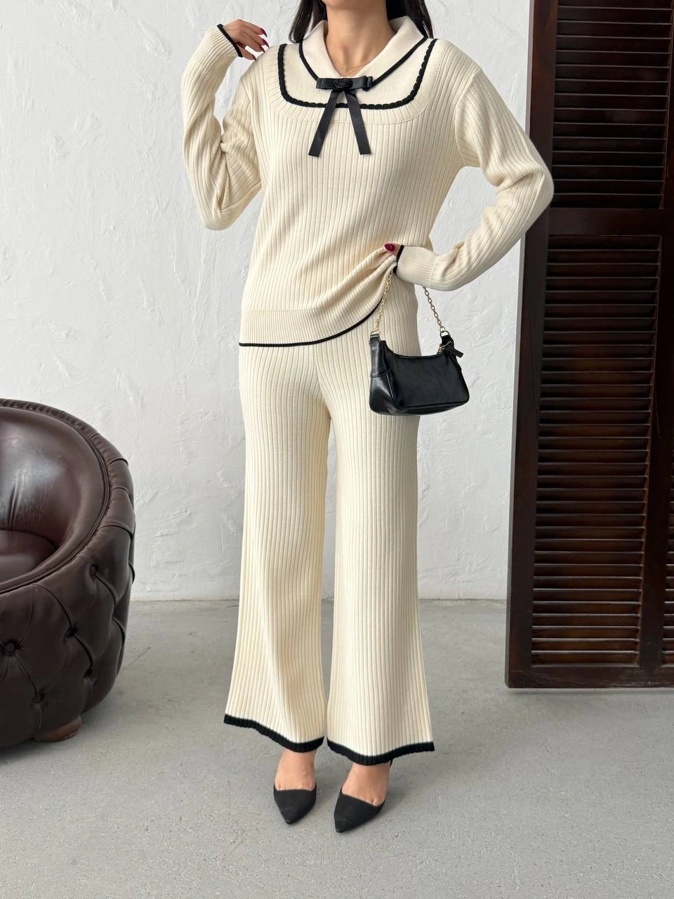 Kadın Ekru Fiyonk Detaylı Fitilli Alt Üst Şık Triko Takım