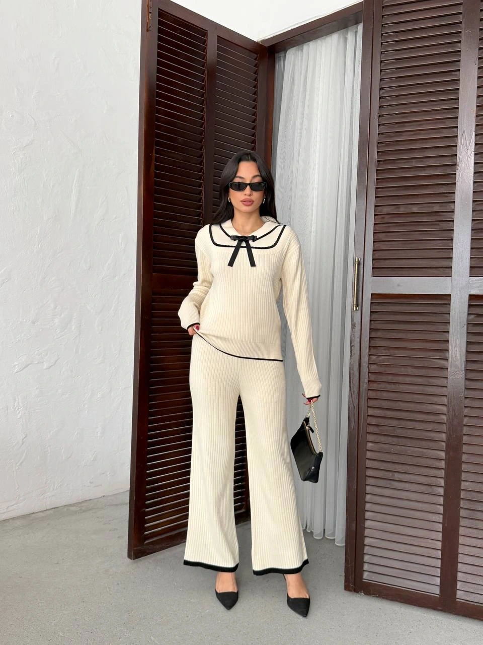 Kadın Ekru Fiyonk Detaylı Fitilli Alt Üst Şık Triko Takım
