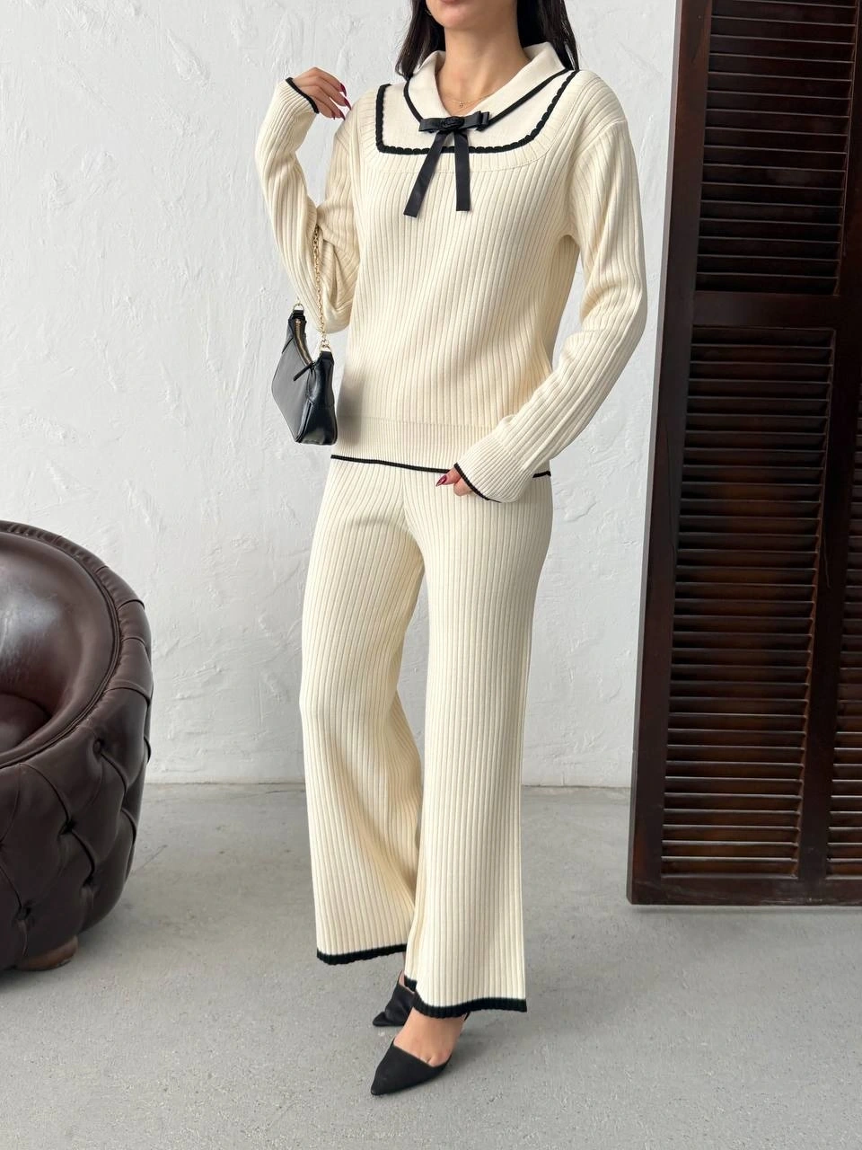 Kadın Ekru Fiyonk Detaylı Fitilli Alt Üst Şık Triko Takım