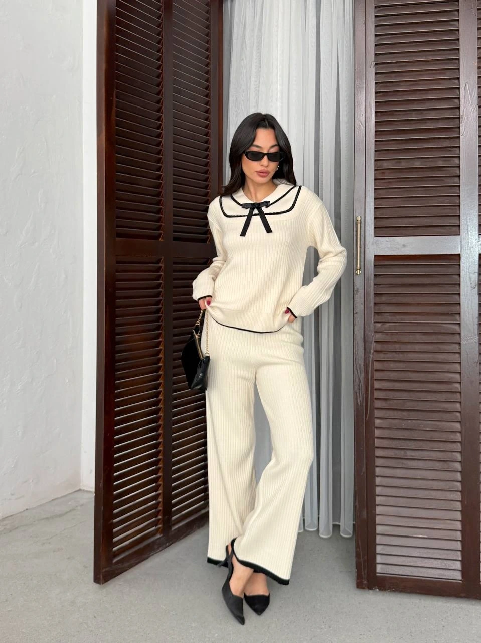 Kadın Ekru Fiyonk Detaylı Fitilli Alt Üst Şık Triko Takım