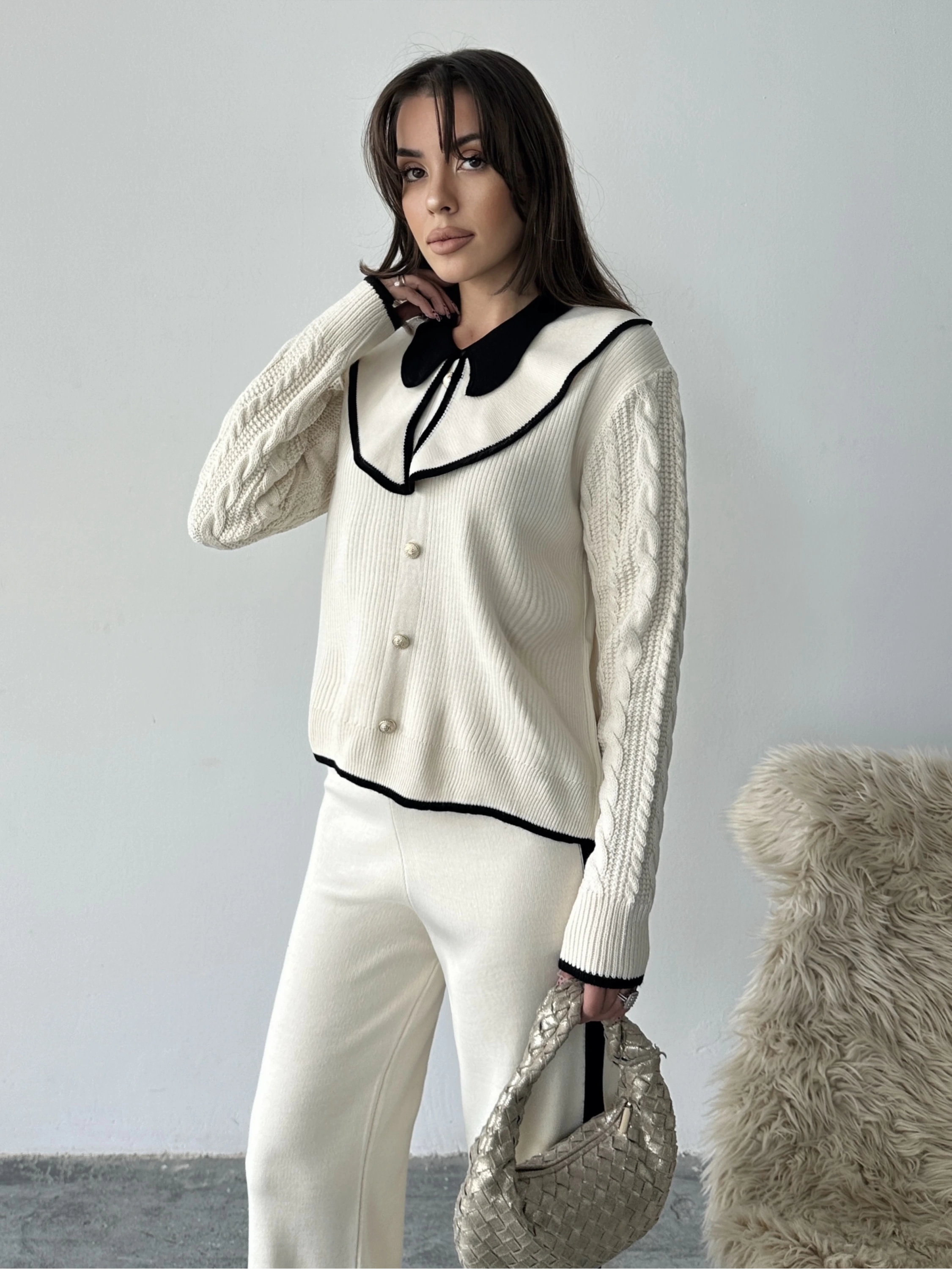 Kadın Ekru Kolu Saç Örgü Ve Şerit Detaylı Bebe Yaka Alt Üst Şık Triko Takım