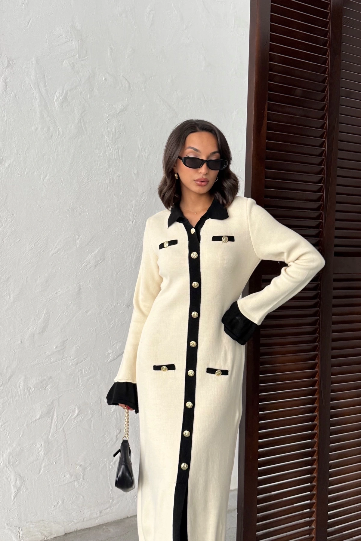 Kadın Ekru Şık Düğme Ve Kol Detaylı Triko Elbise