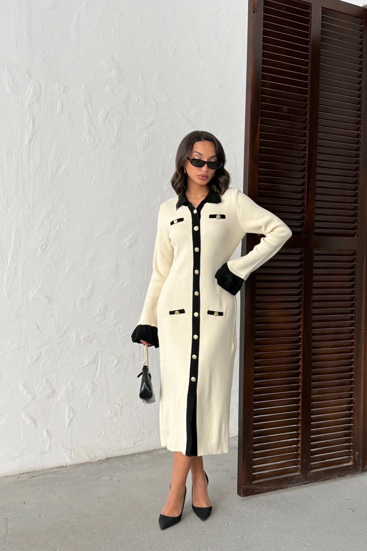 Kadın Ekru Şık Düğme Ve Kol Detaylı Triko Elbise