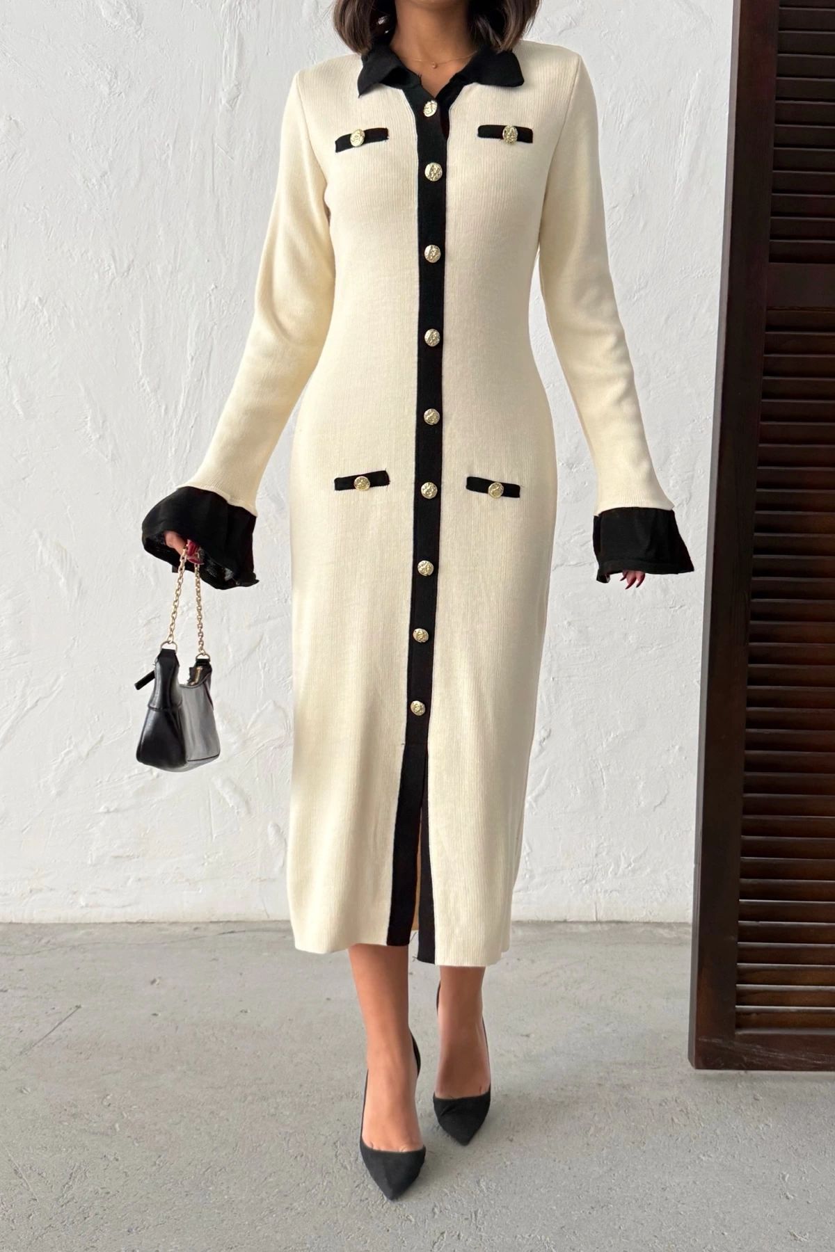 Kadın Ekru Şık Düğme Ve Kol Detaylı Triko Elbise
