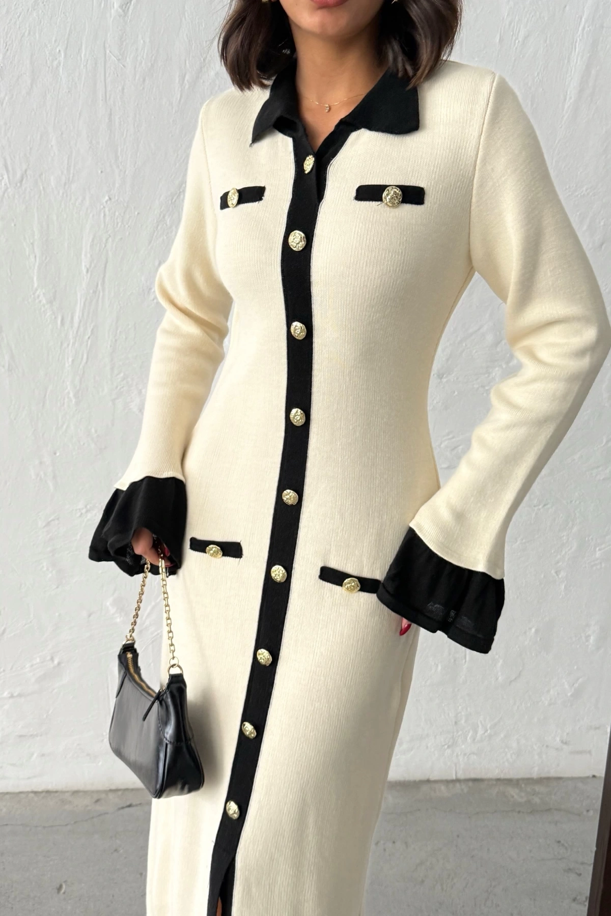 Kadın Ekru Şık Düğme Ve Kol Detaylı Triko Elbise