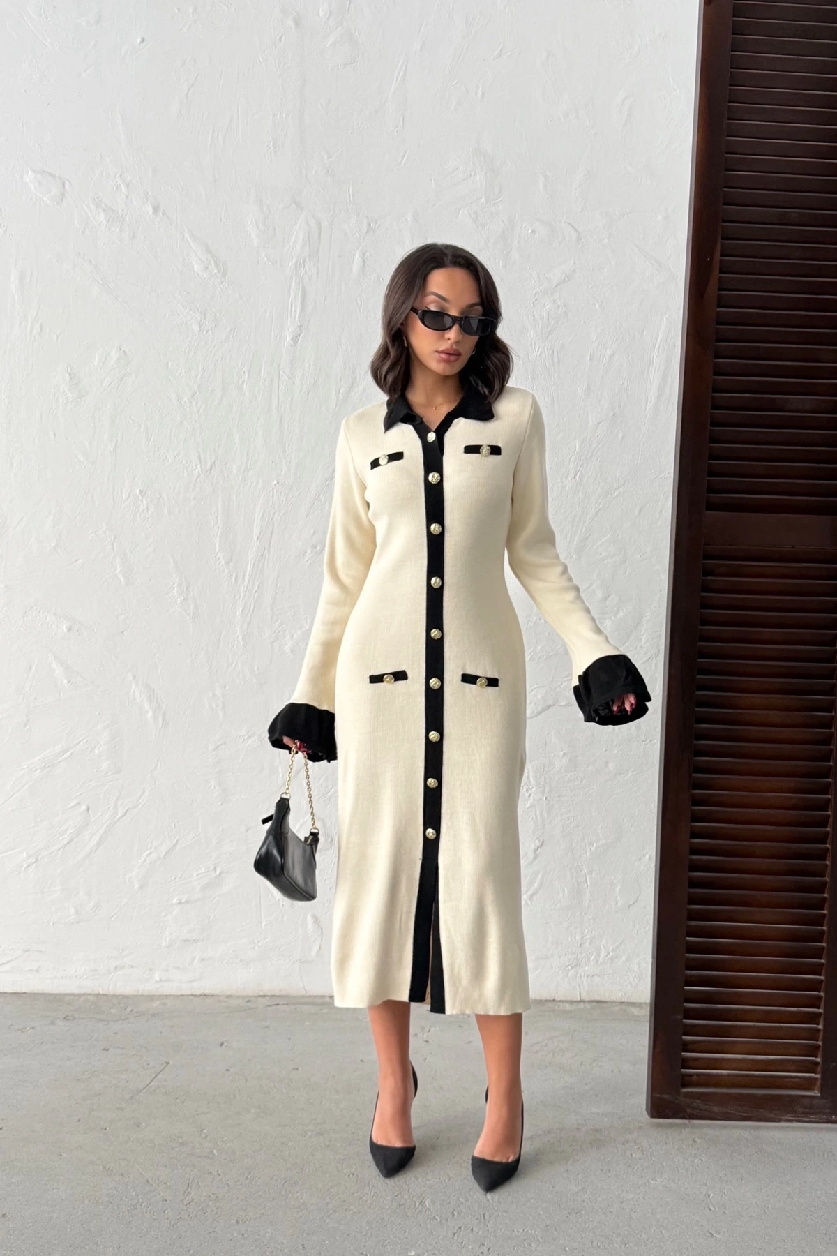 Kadın Ekru Şık Düğme Ve Kol Detaylı Triko Elbise