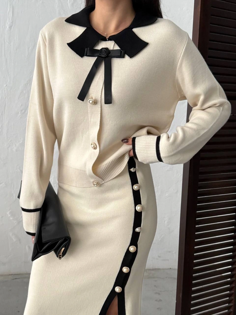 Kadın Ekru Şık Gül Fiyonk Detaylı Bluz Etek Alt Üst İkili Triko Takım