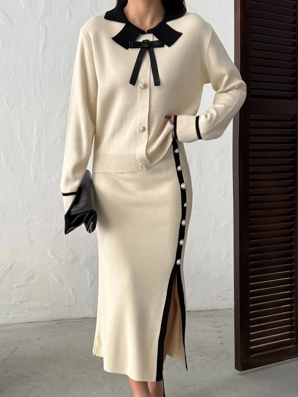 Kadın Ekru Şık Gül Fiyonk Detaylı Bluz Etek Alt Üst İkili Triko Takım