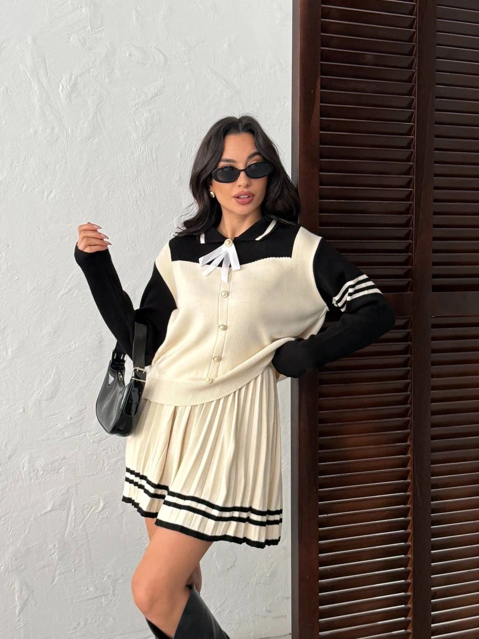 Kadın Ekru Şık Gül Fiyonk Detaylı Bluz Etek İkili Triko Takım