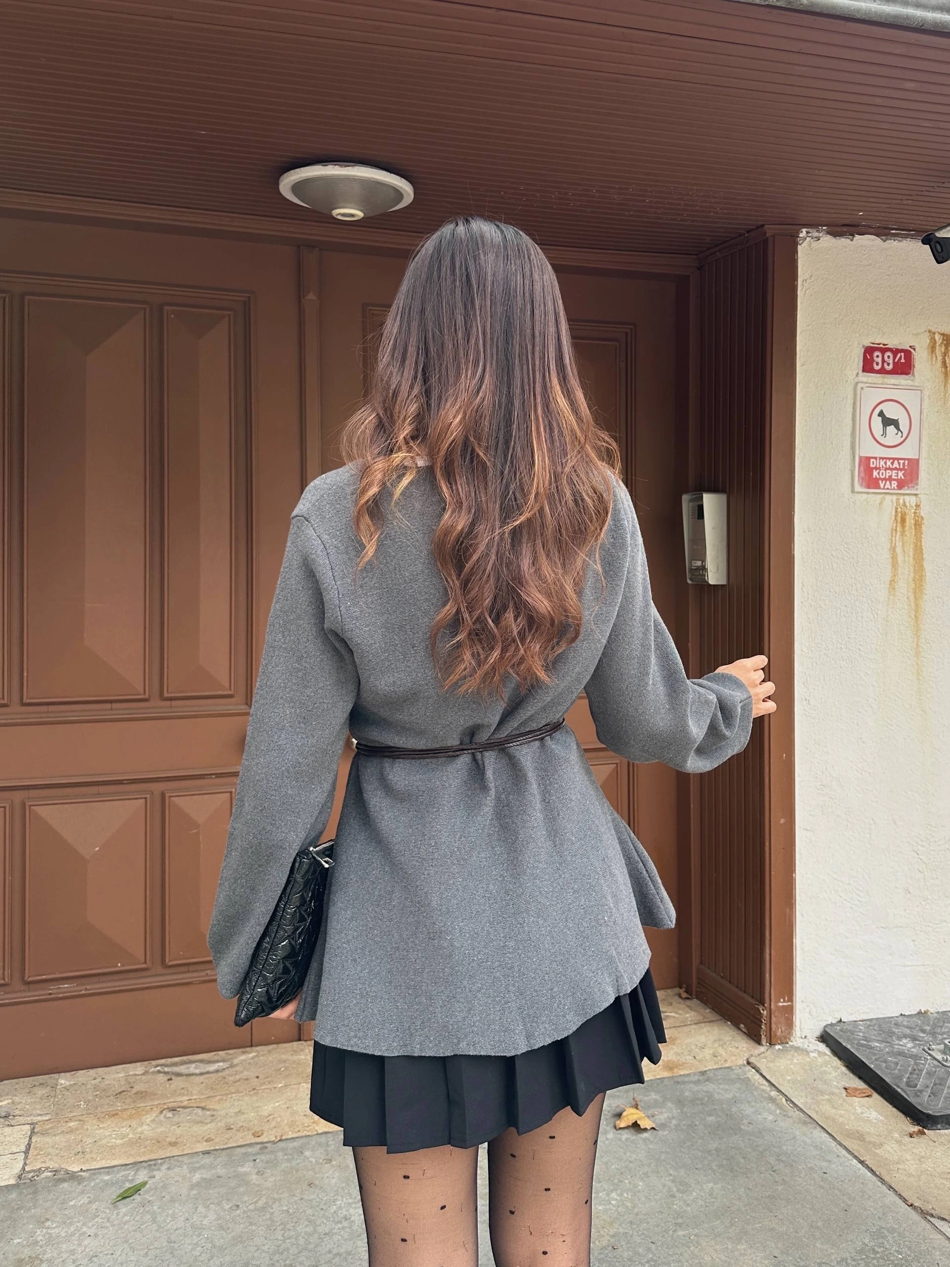 Kadın Gri Deri ip bağlama detaylı Triko Hırka