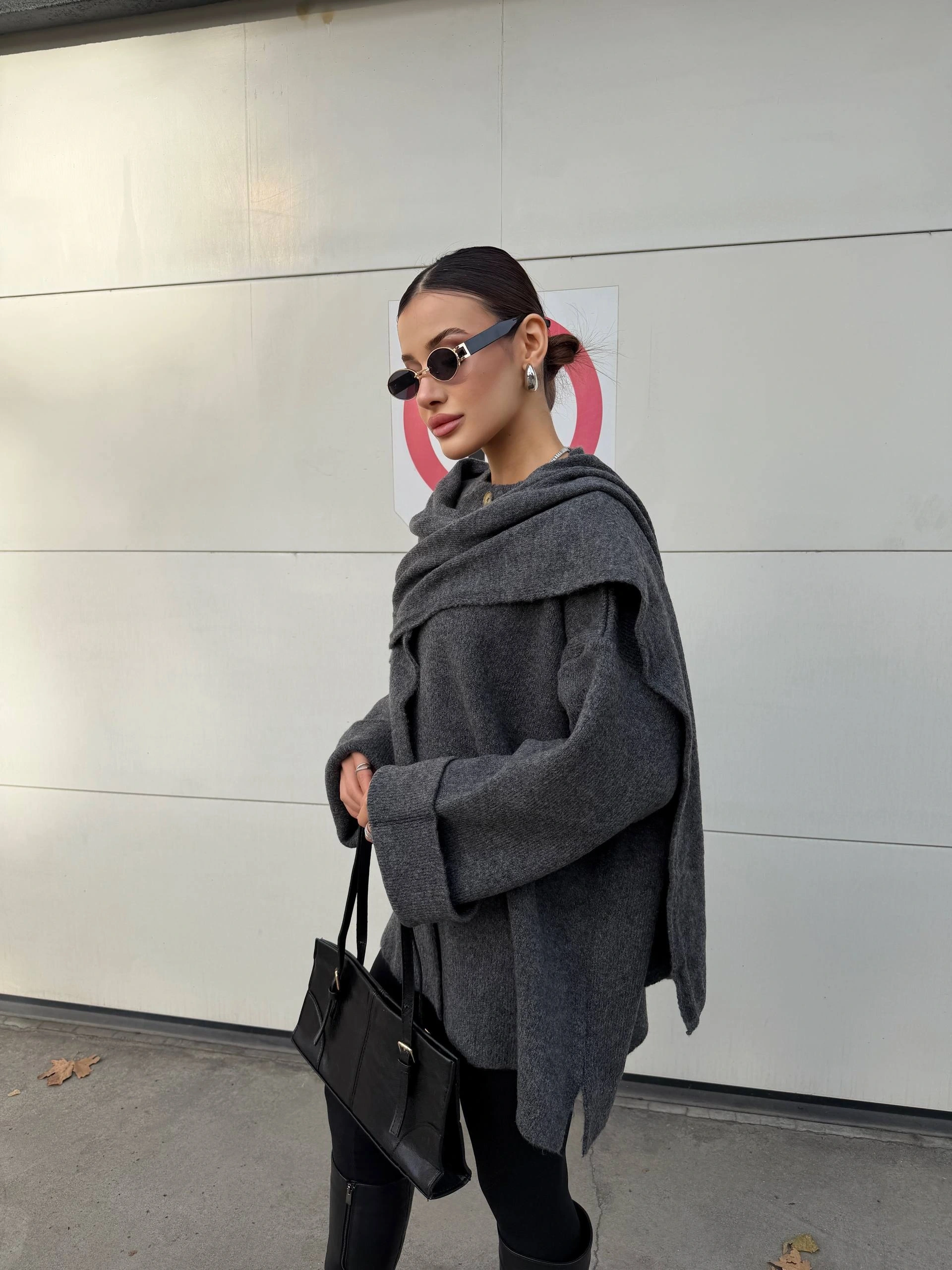 Kadın Gri Şal Detaylı Mevsimlik Kışlık Premium Triko Ceket