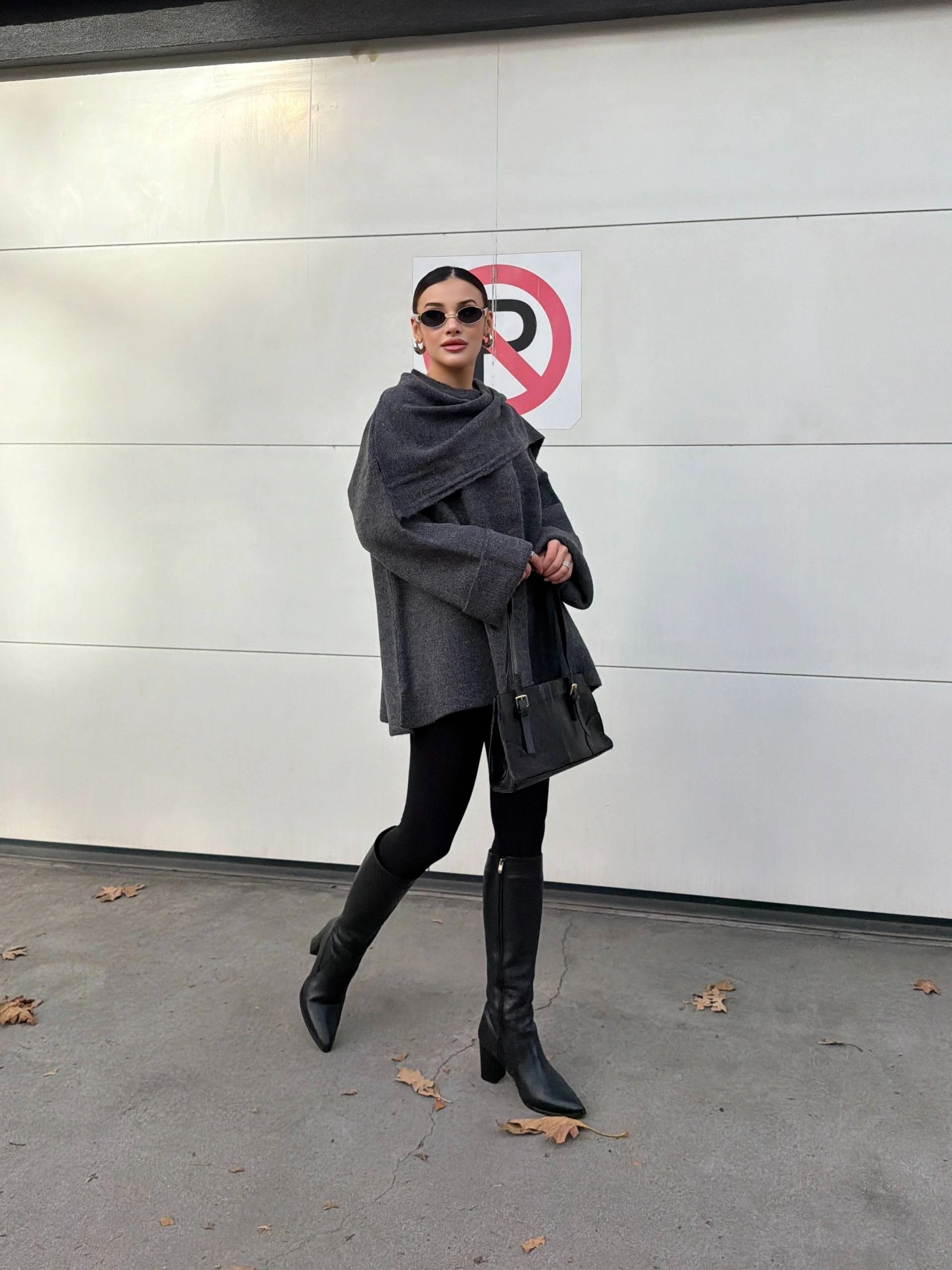 Kadın Gri Şal Detaylı Mevsimlik Kışlık Premium Triko Ceket