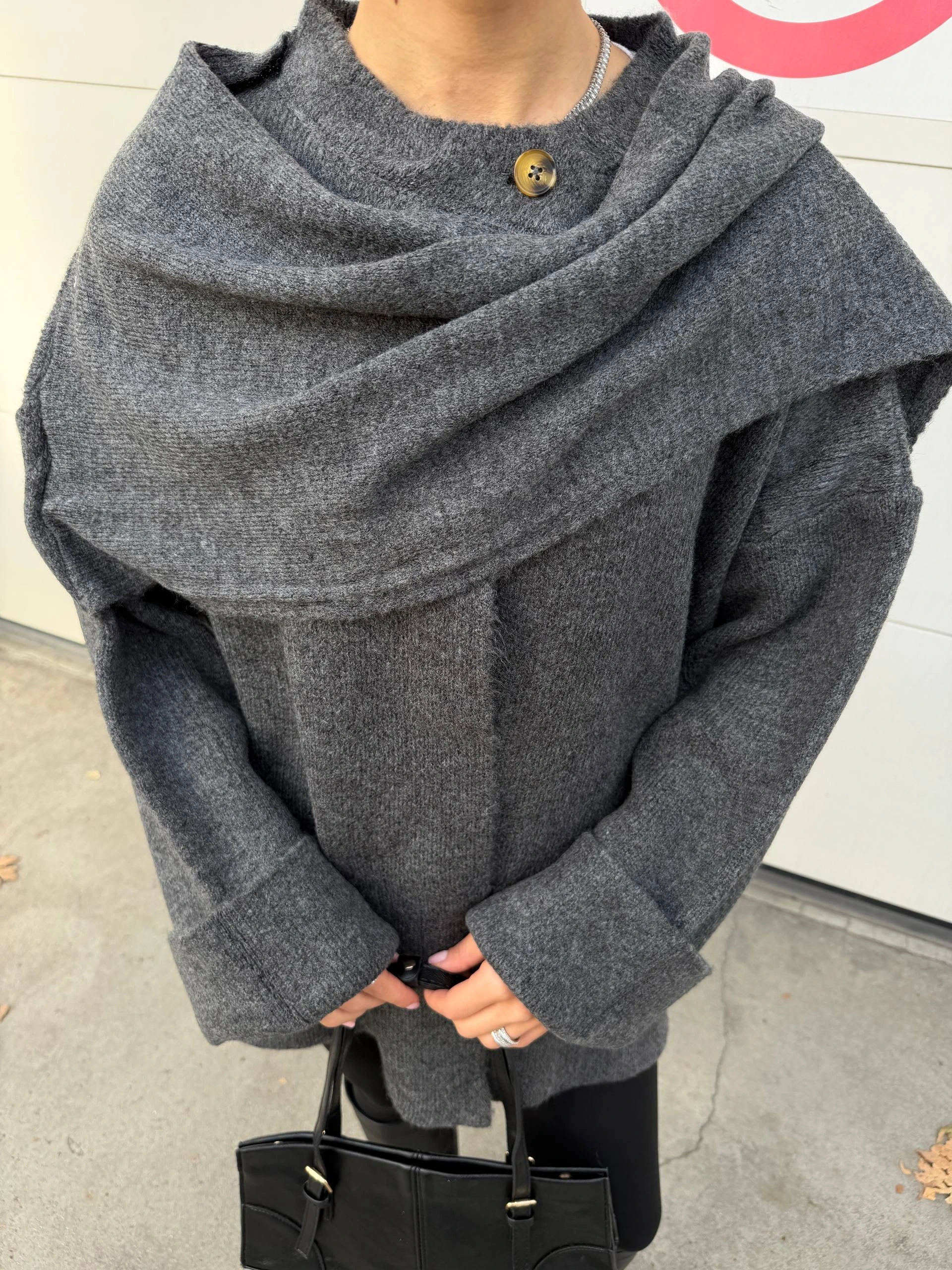 Kadın Gri Şal Detaylı Mevsimlik Kışlık Premium Triko Ceket