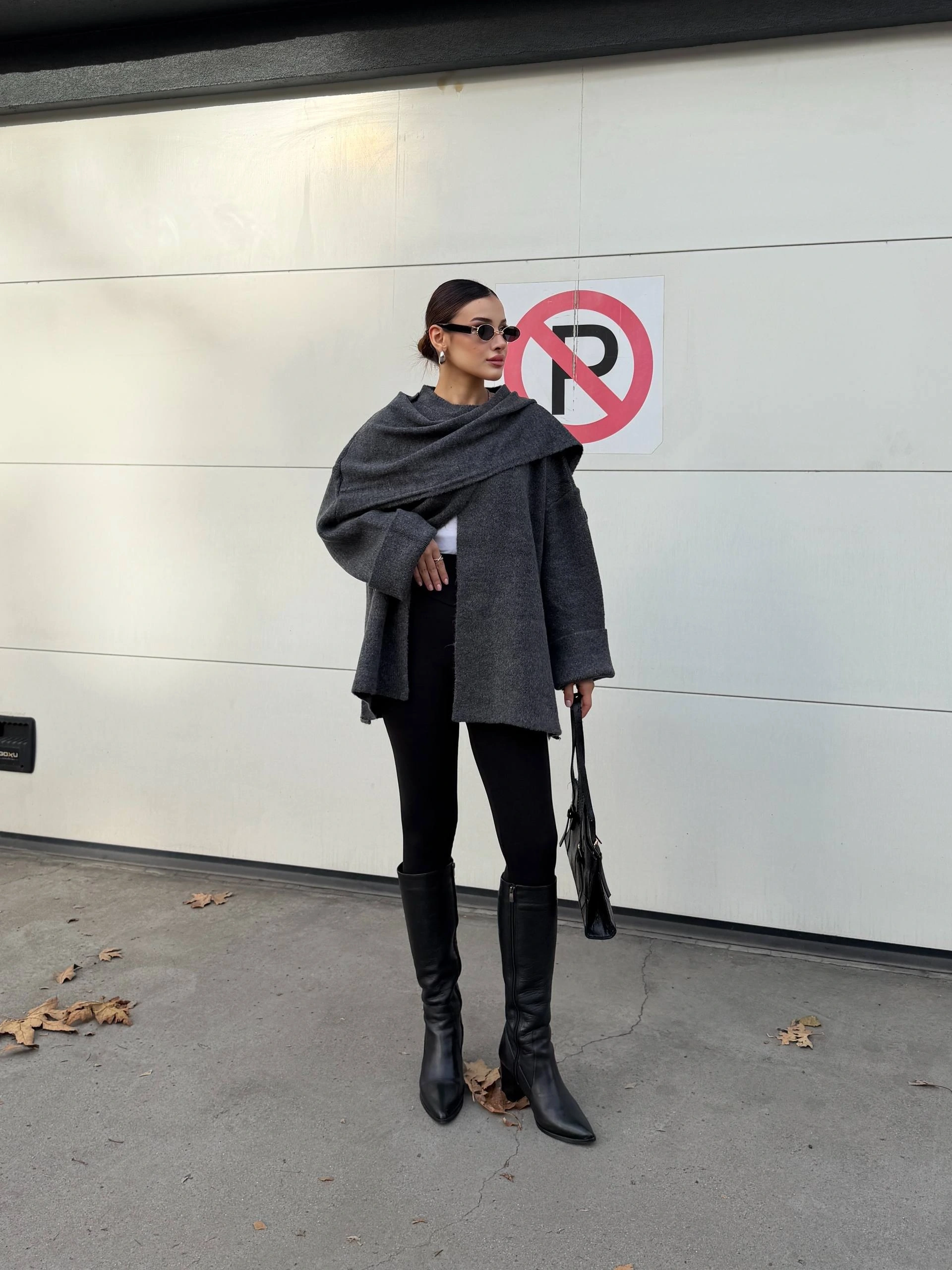 Kadın Gri Şal Detaylı Mevsimlik Kışlık Premium Triko Ceket