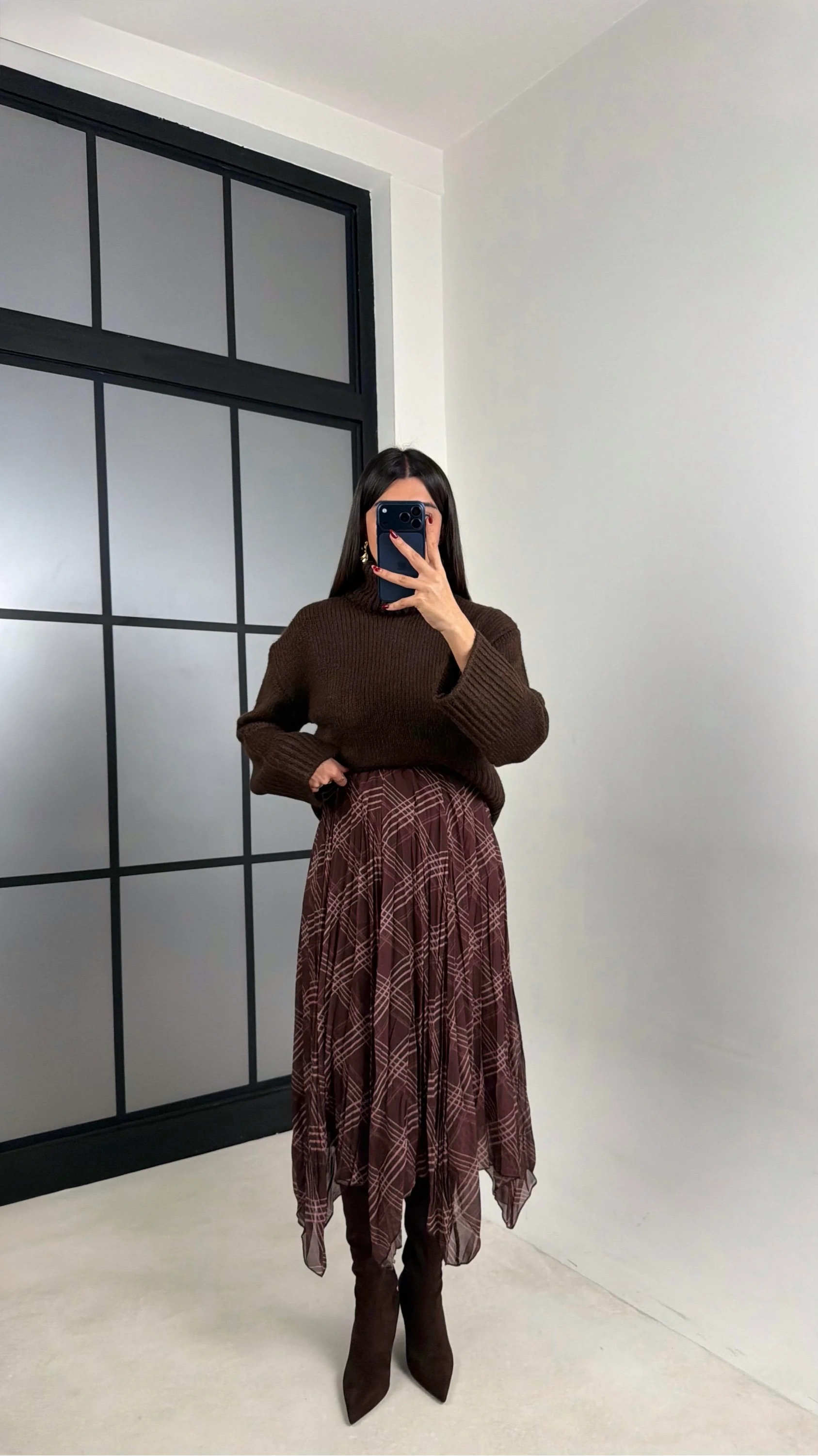 Kadın Kahverengi Astarlı Ekose Desenli Şifon Etek