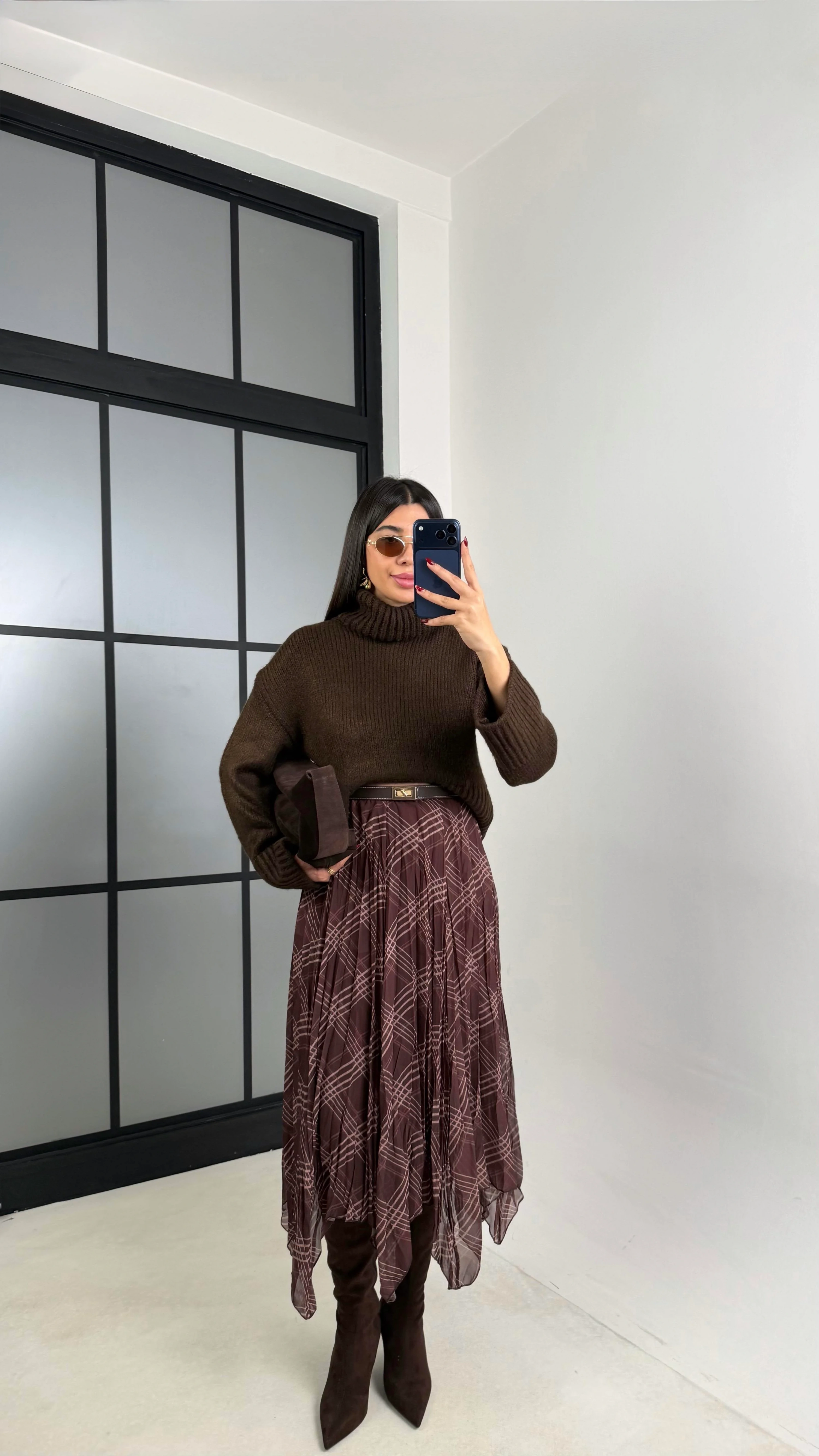 Kadın Kahverengi Astarlı Ekose Desenli Şifon Etek