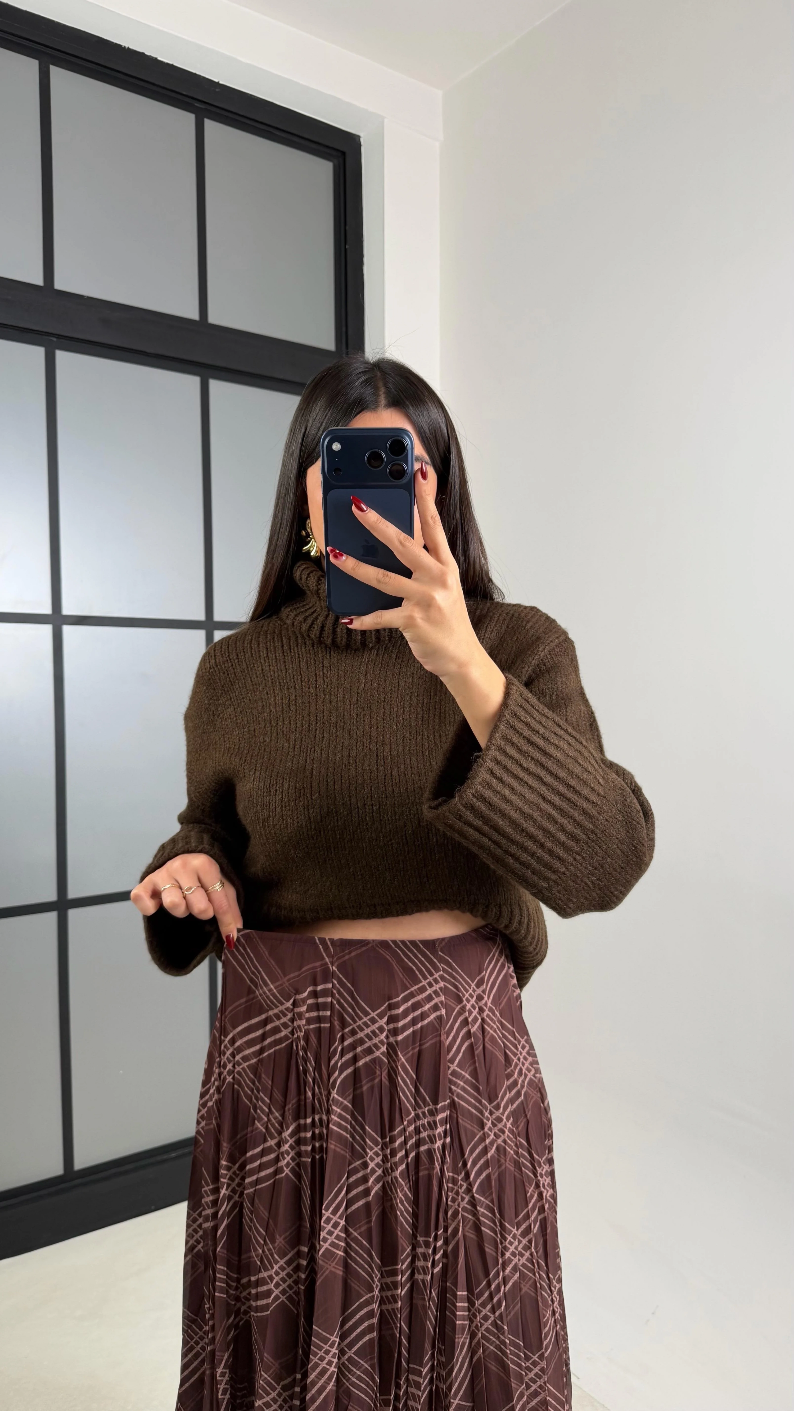 Kadın Kahverengi Astarlı Ekose Desenli Şifon Etek