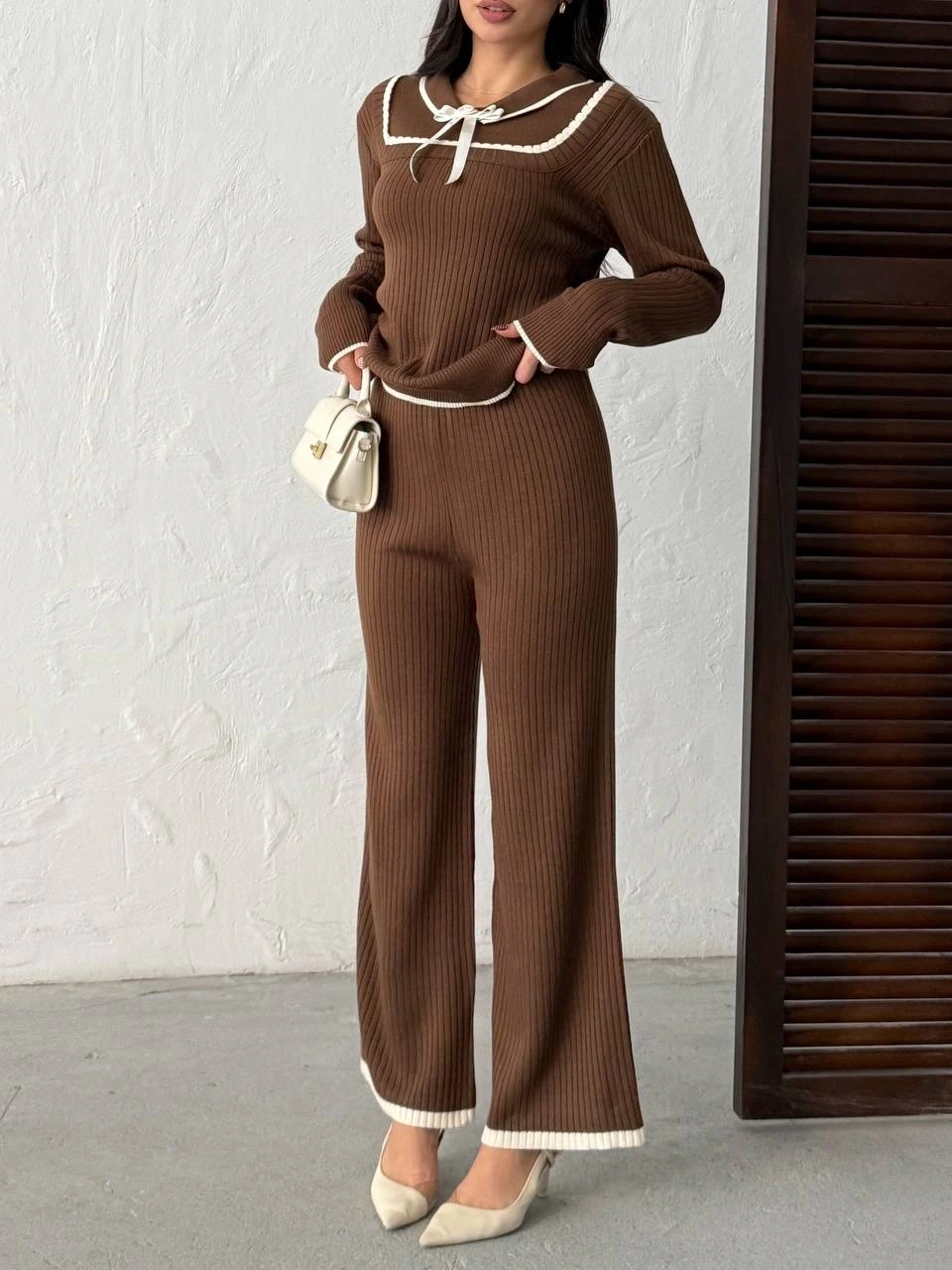 Kadın Kahverengi Fiyonk Detaylı Fitilli Alt Üst Şık Triko Takım