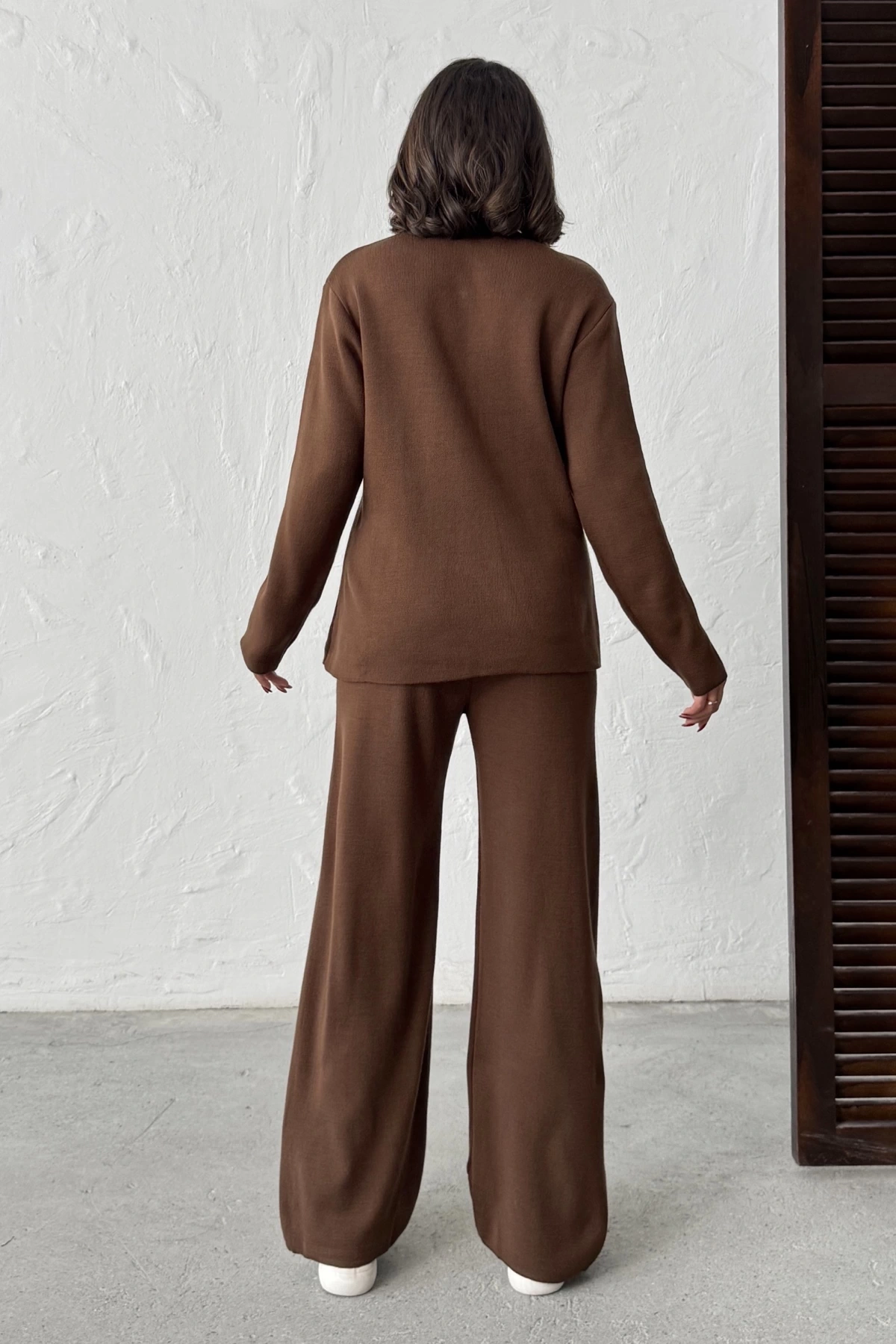 Kadın Kahverengi Gold Düğme Detaylı Alt Üst İkili Triko Takım