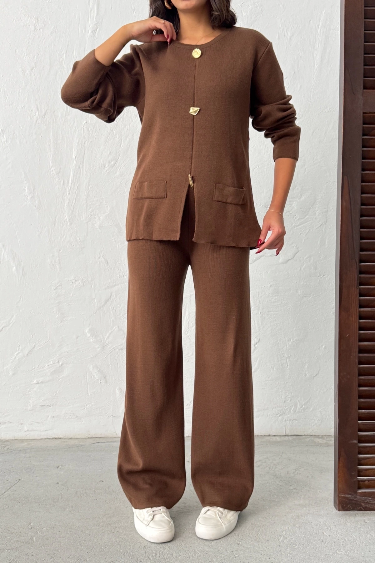 Kadın Kahverengi Gold Düğme Detaylı Alt Üst İkili Triko Takım