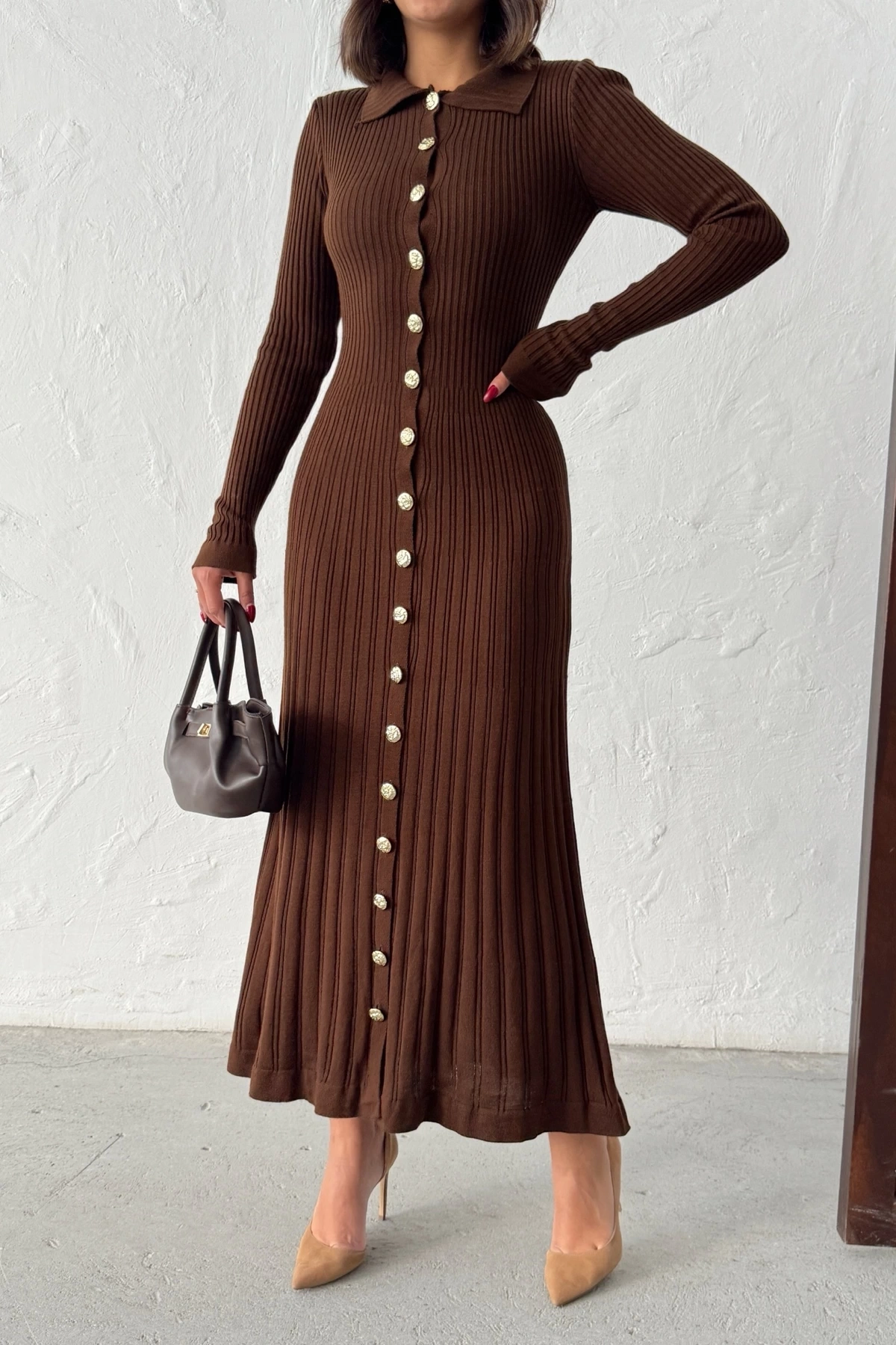 Kadın Kahverengi Gold Düğme detaylı Fitilli Uzun Triko Elbise