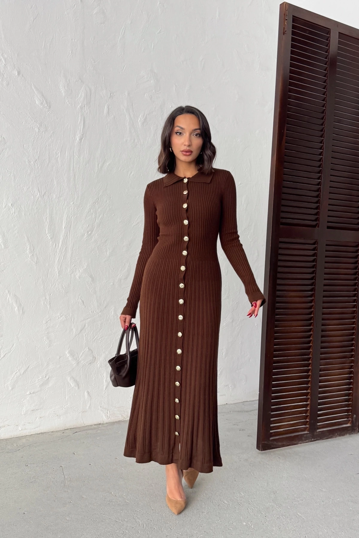 Kadın Kahverengi Gold Düğme detaylı Fitilli Uzun Triko Elbise