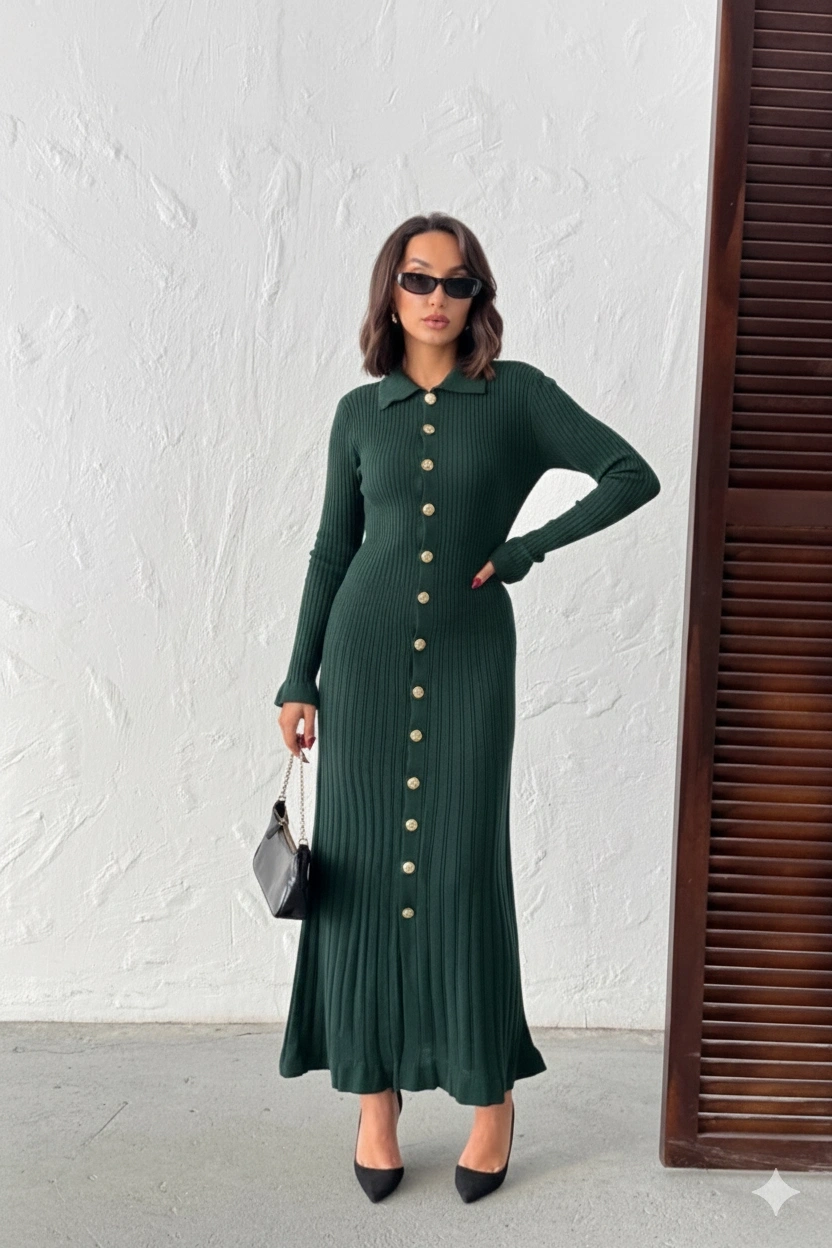 Kadın Nefti Yeşili Gold Düğme detaylı Fitilli Uzun Triko Elbise (Yeni Renk)