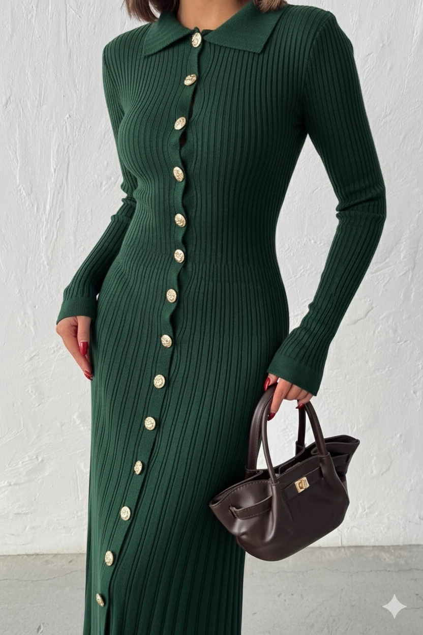 Kadın Nefti Yeşili Gold Düğme detaylı Fitilli Uzun Triko Elbise (Yeni Renk)
