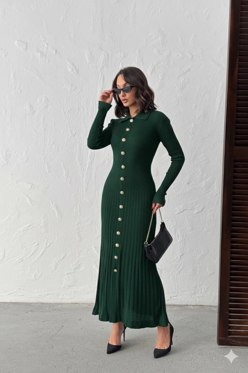 Kadın Nefti Yeşili Gold Düğme detaylı Fitilli Uzun Triko Elbise (Yeni Renk)