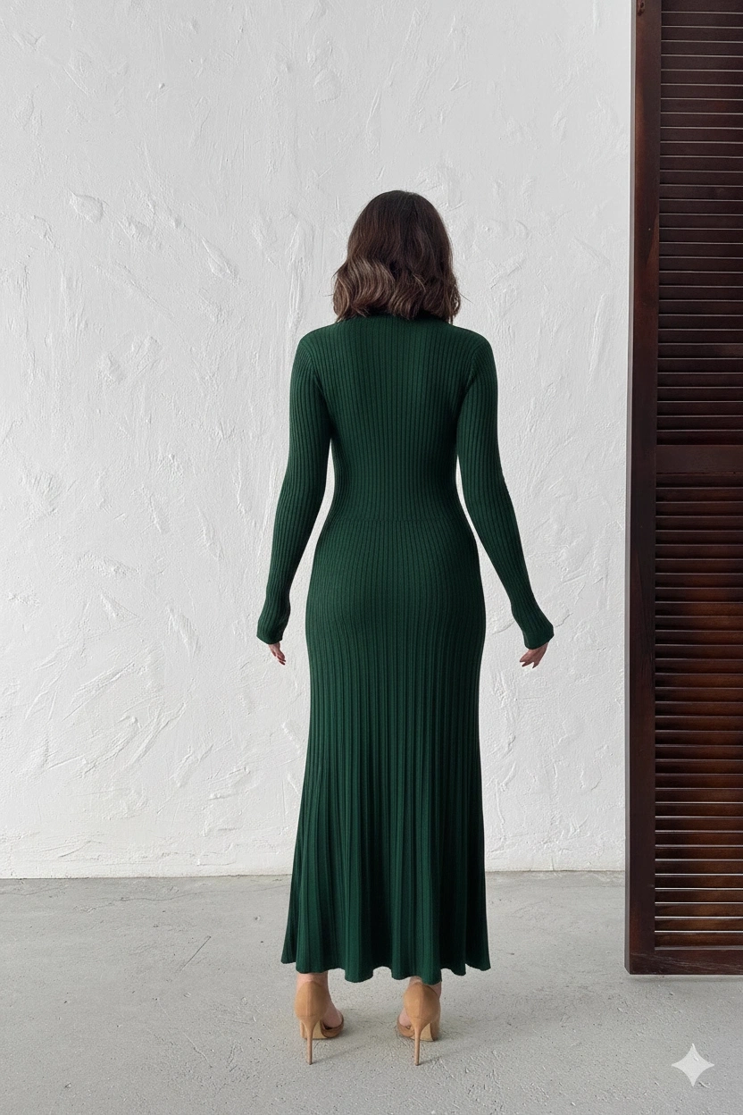 Kadın Nefti Yeşili Gold Düğme detaylı Fitilli Uzun Triko Elbise (Yeni Renk)