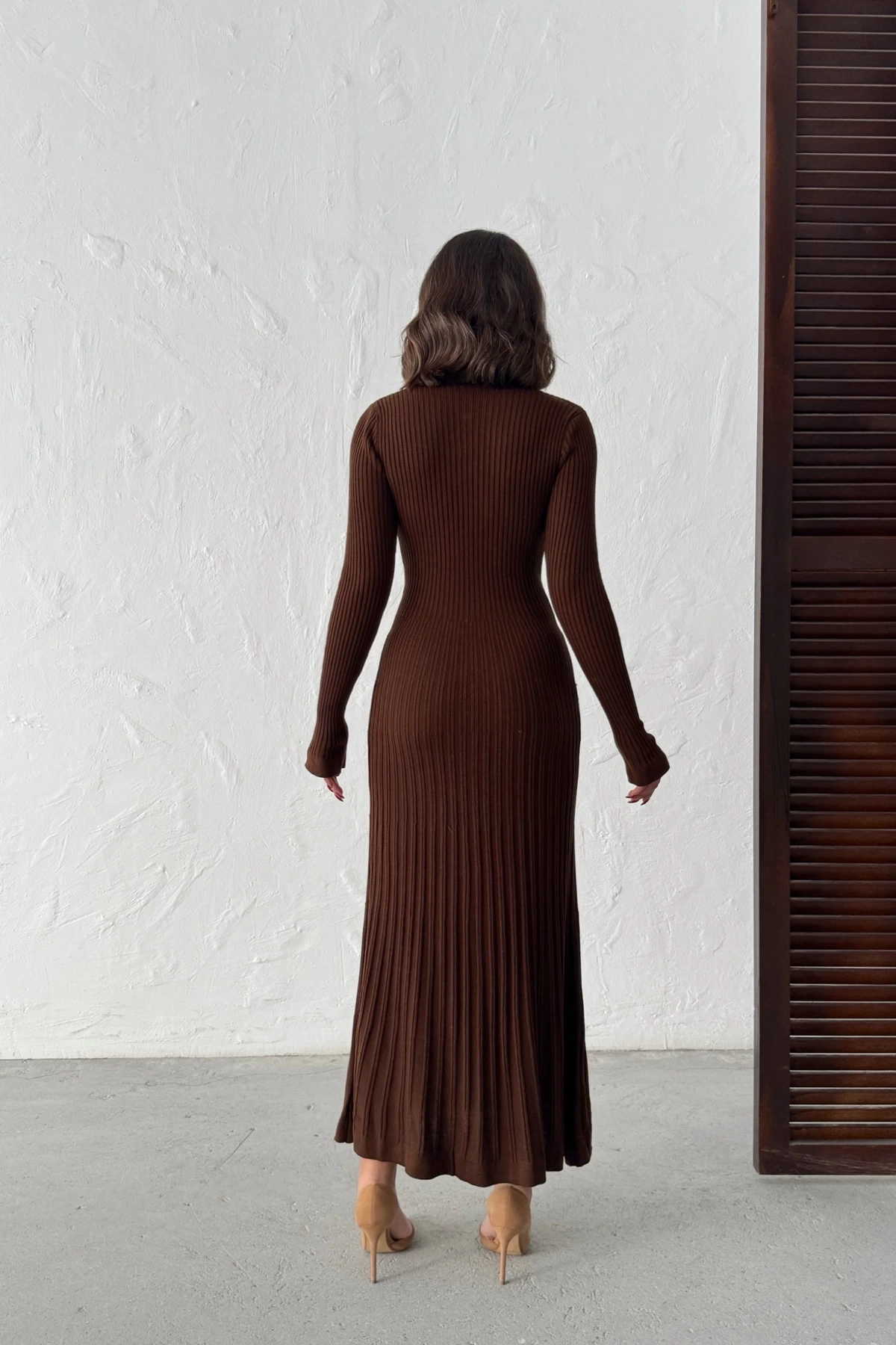 Kadın Kahverengi Gold Düğme detaylı Fitilli Uzun Triko Elbise