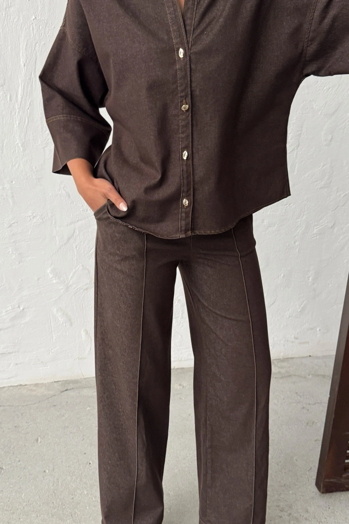 Kadın Kahverengi Gömlek Pantolon Premium Kalite Alt üst ikili Takım