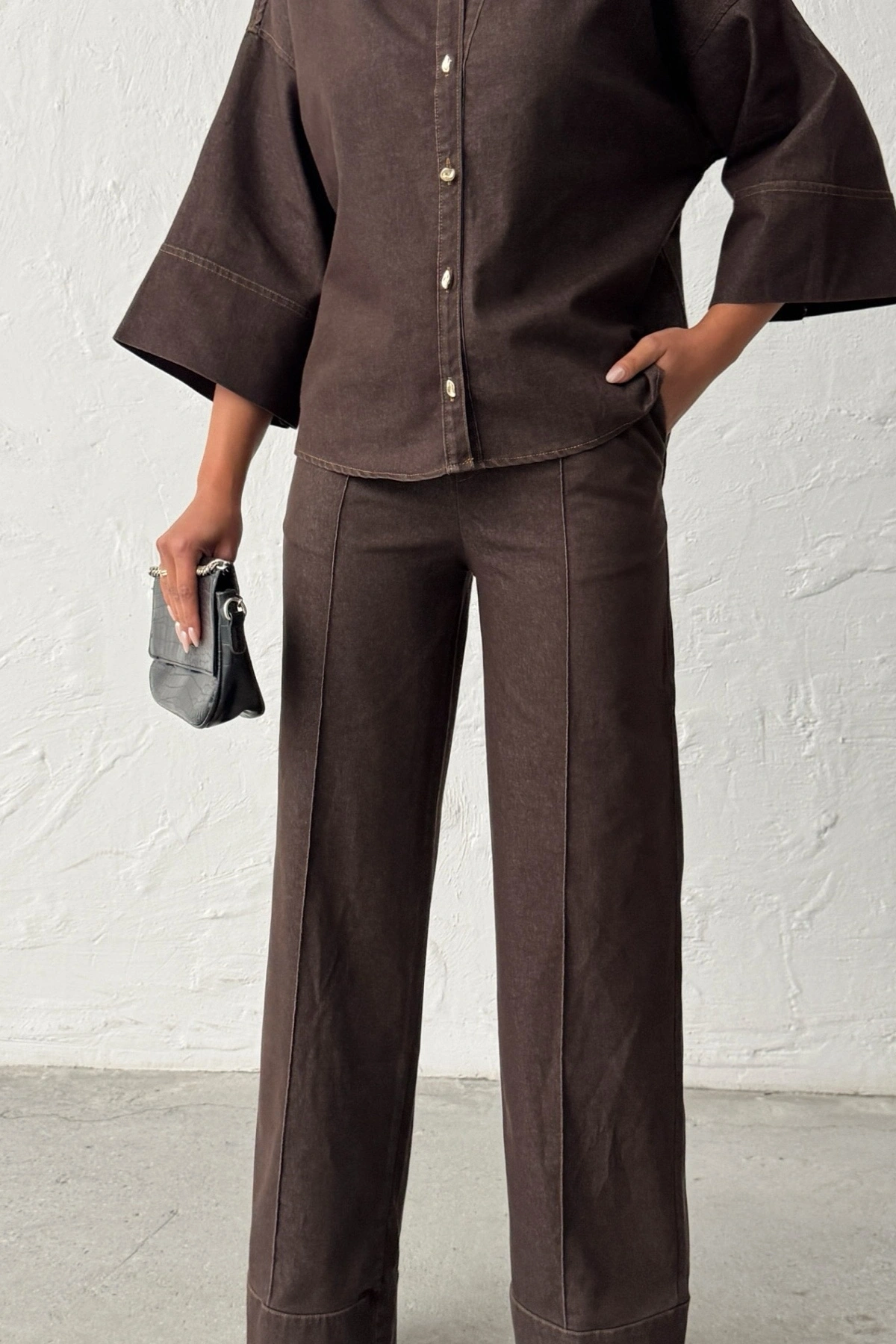 Kadın Kahverengi Gömlek Pantolon Premium Kalite Alt üst ikili Takım