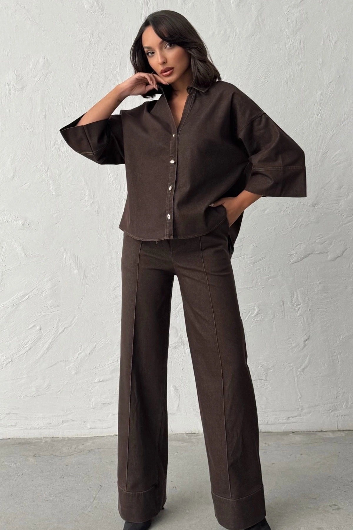 Kadın Kahverengi Gömlek Pantolon Premium Kalite Alt üst ikili Takım